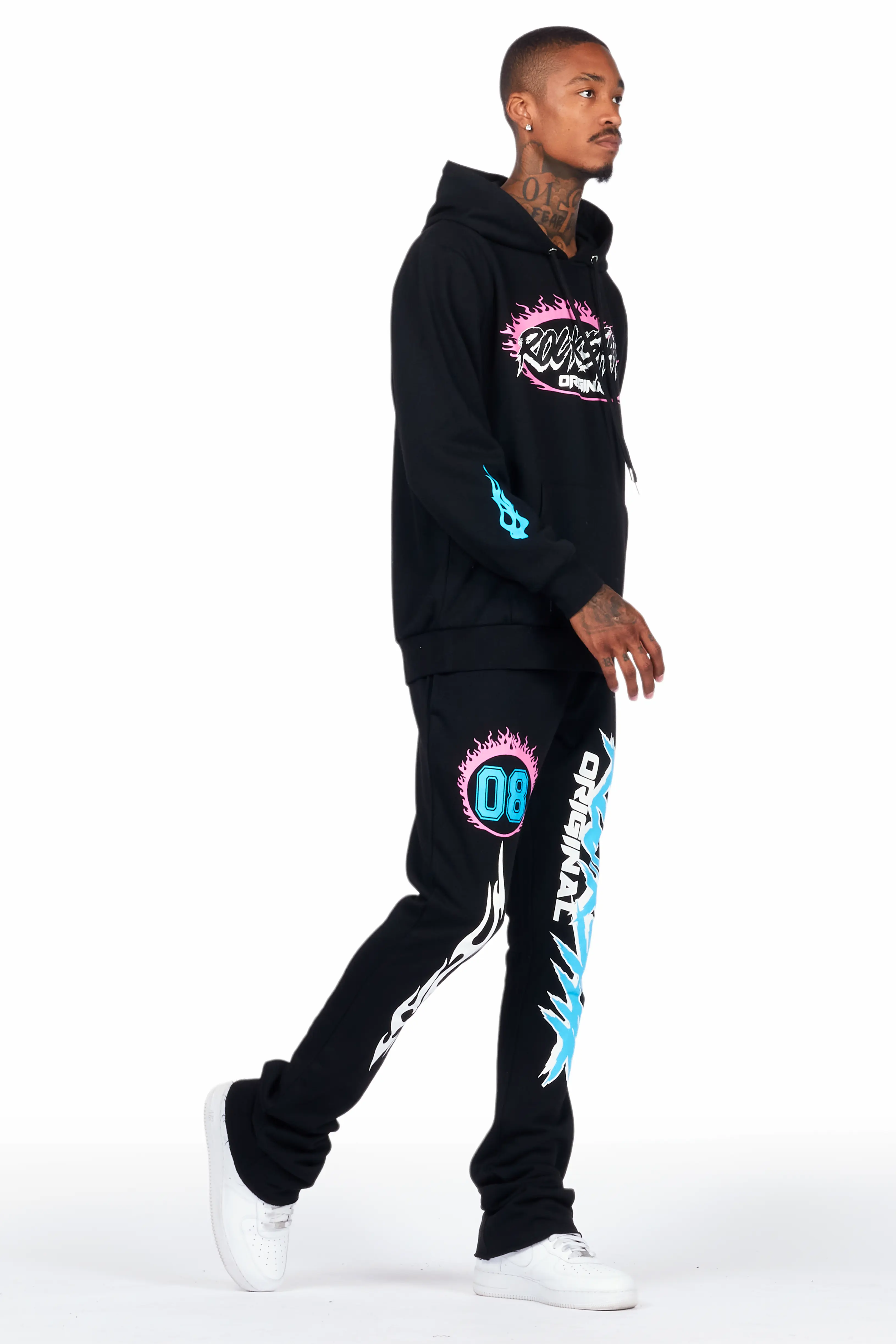Draven Black Hoodie/Stacked Flare Track Pant Set - Image 6