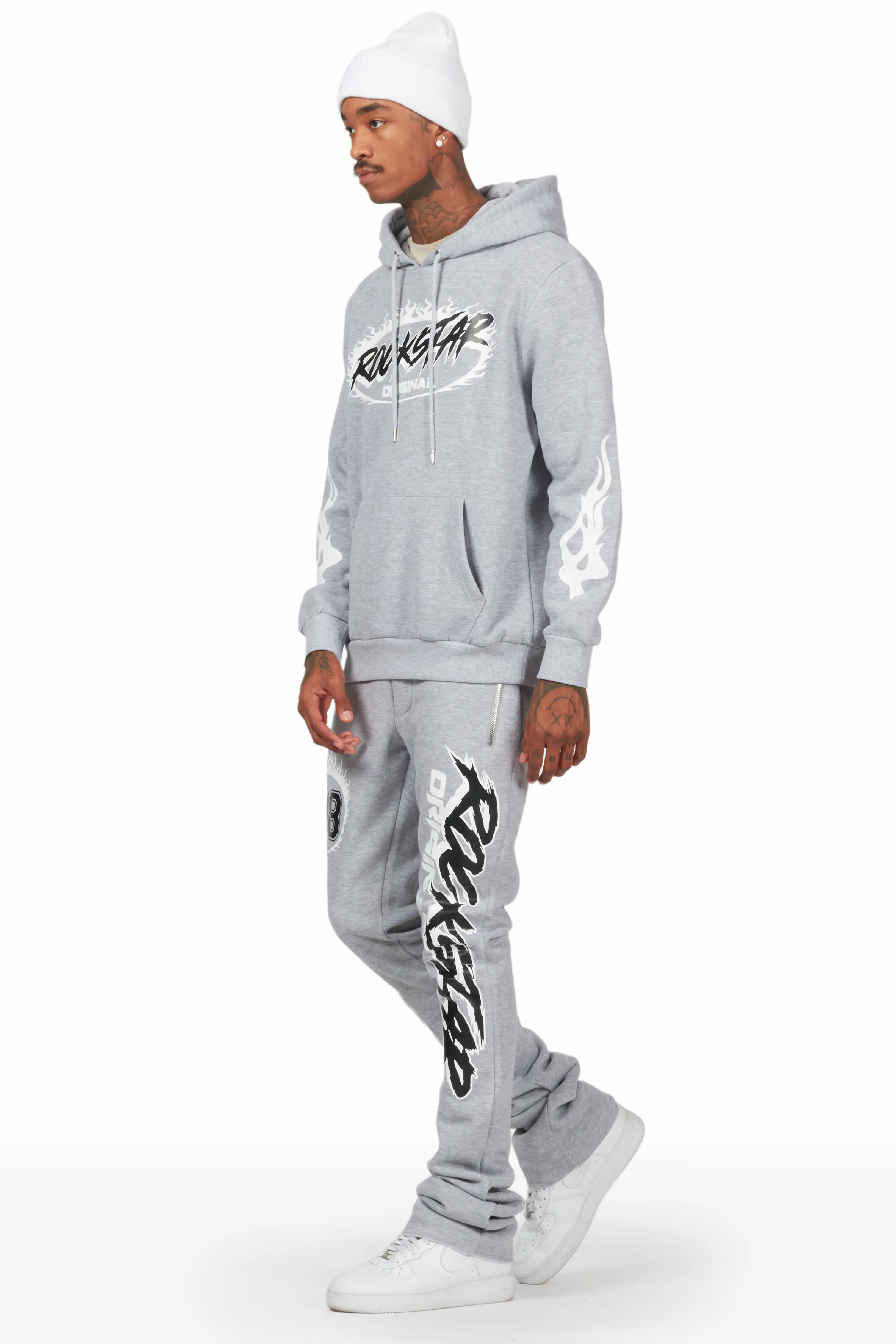 Draven Heather Grey Hoodie/Stacked Flare Track Pant Set - Image 2