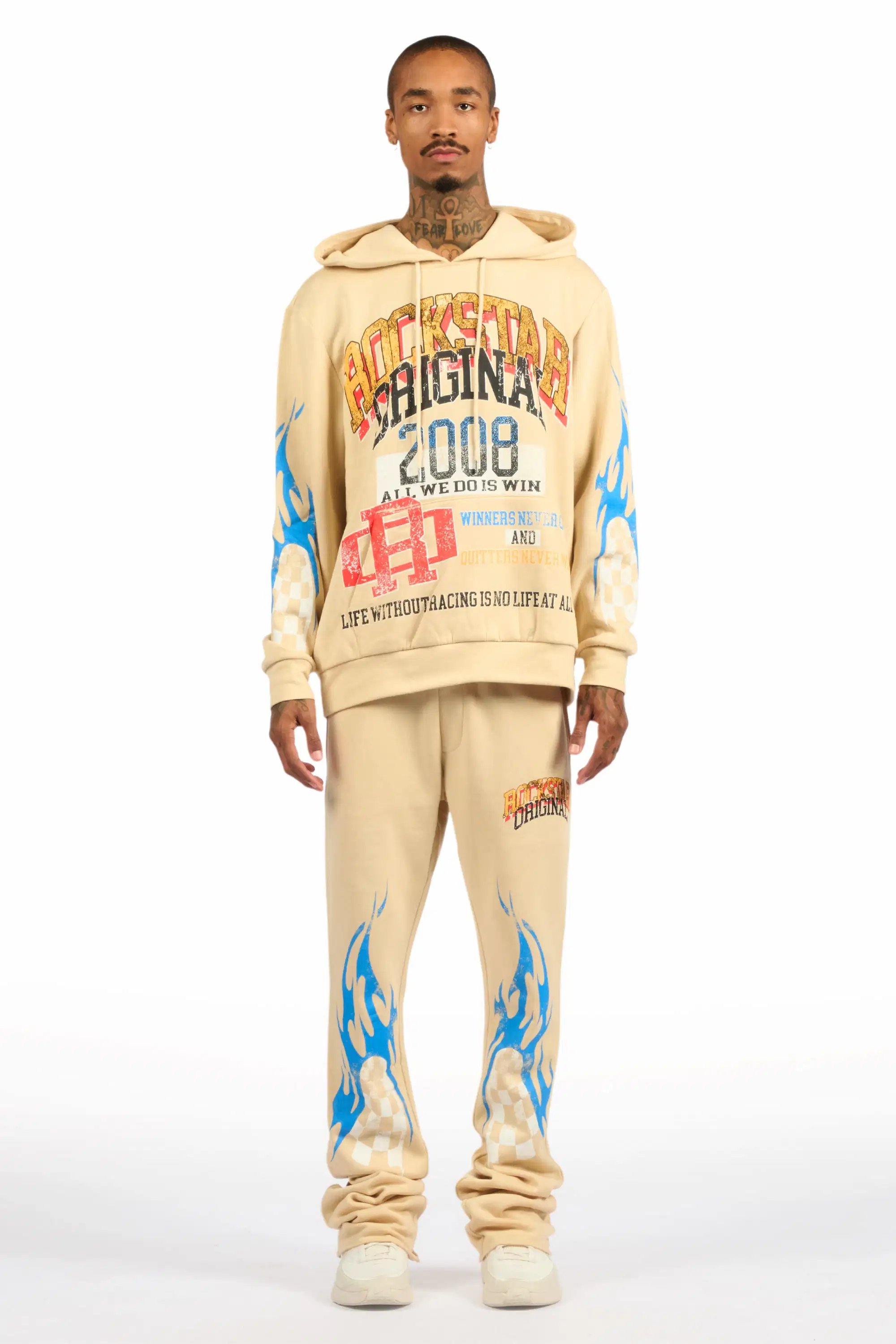 Colorful Race Beige Hoodie Stacked Track Set