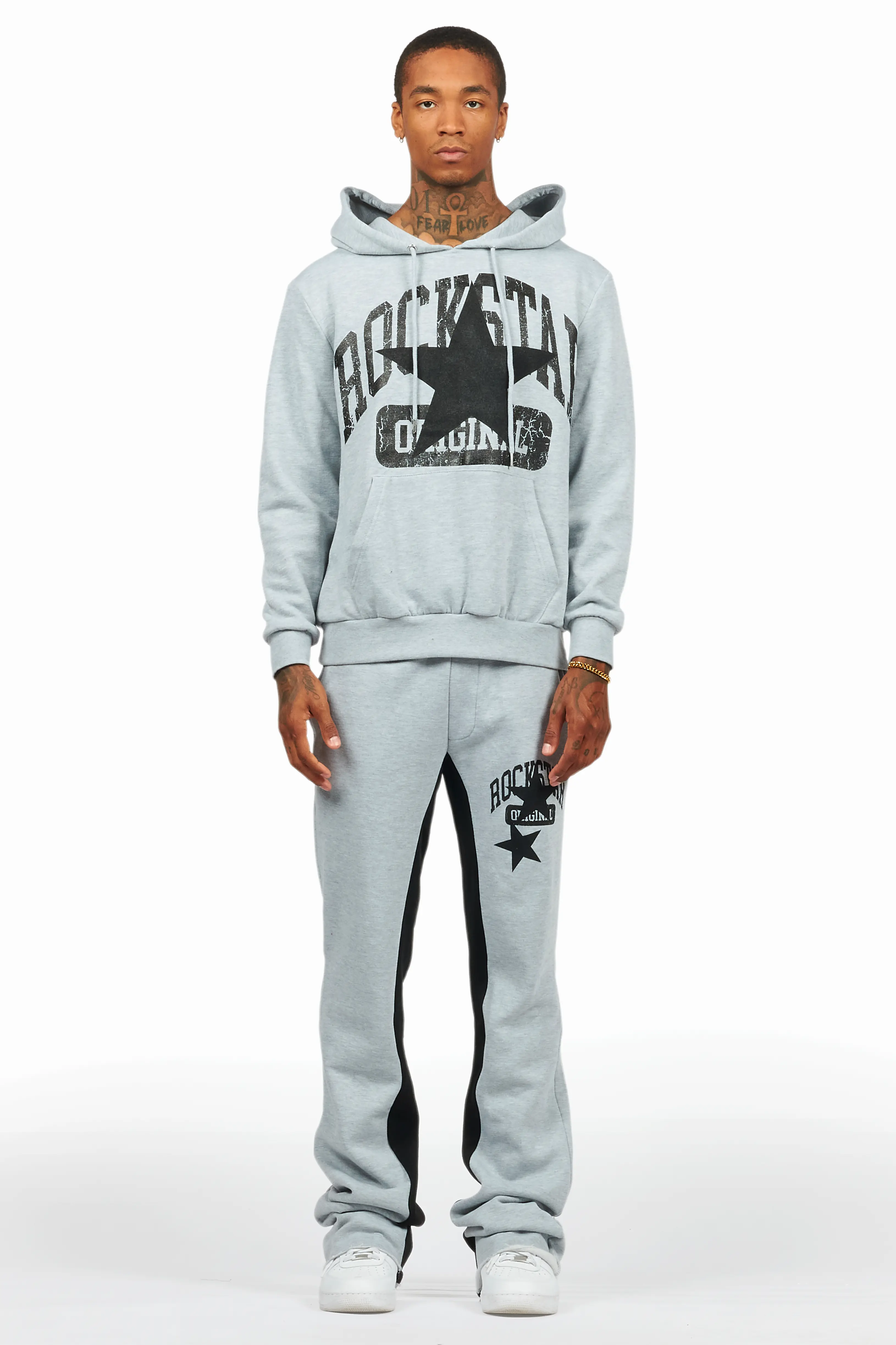 Mallor Heather Grey Baggy Stacked Hoodie Track Set - Image 2