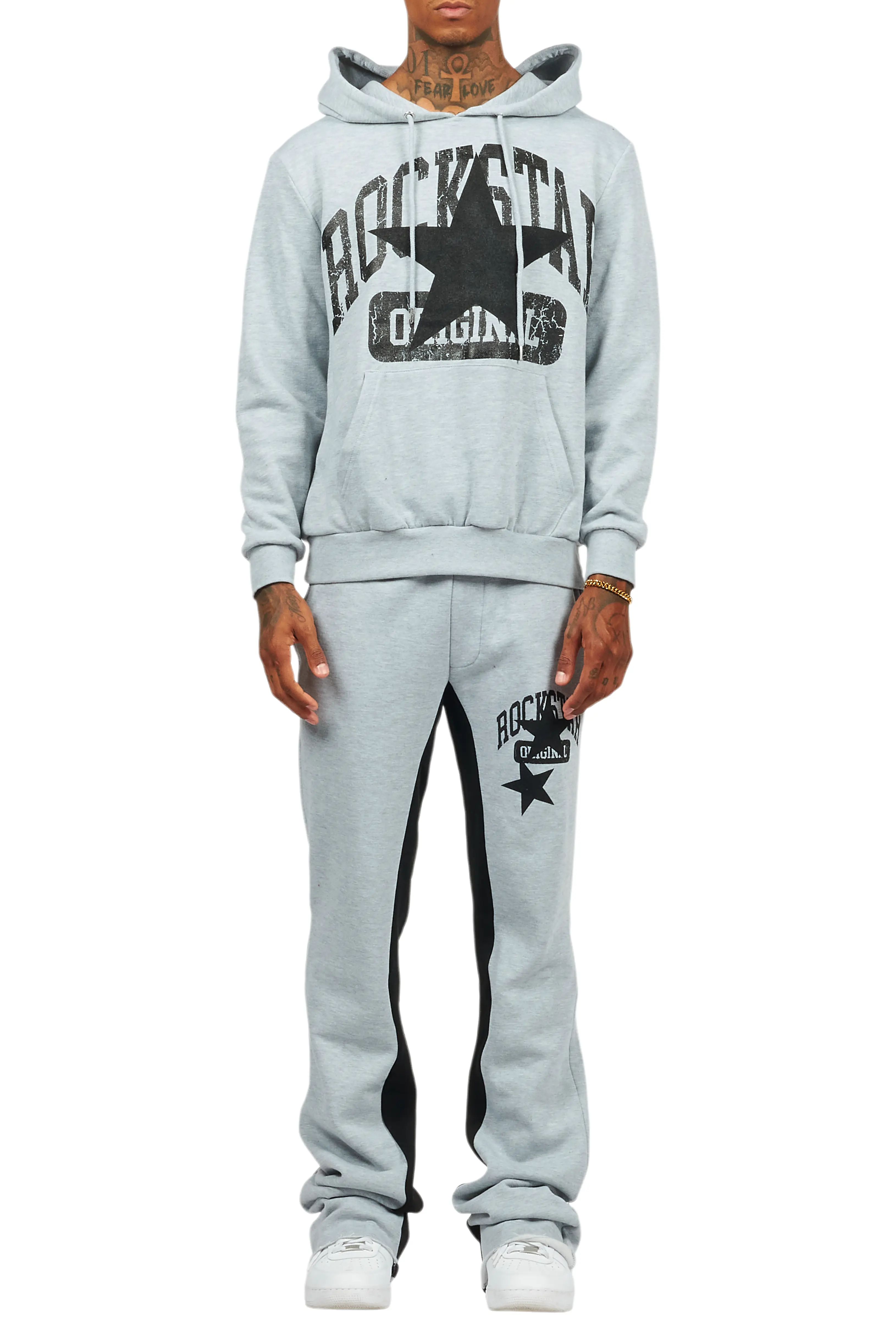 Mallor Heather Grey Baggy Stacked Hoodie Track Set - Image 9