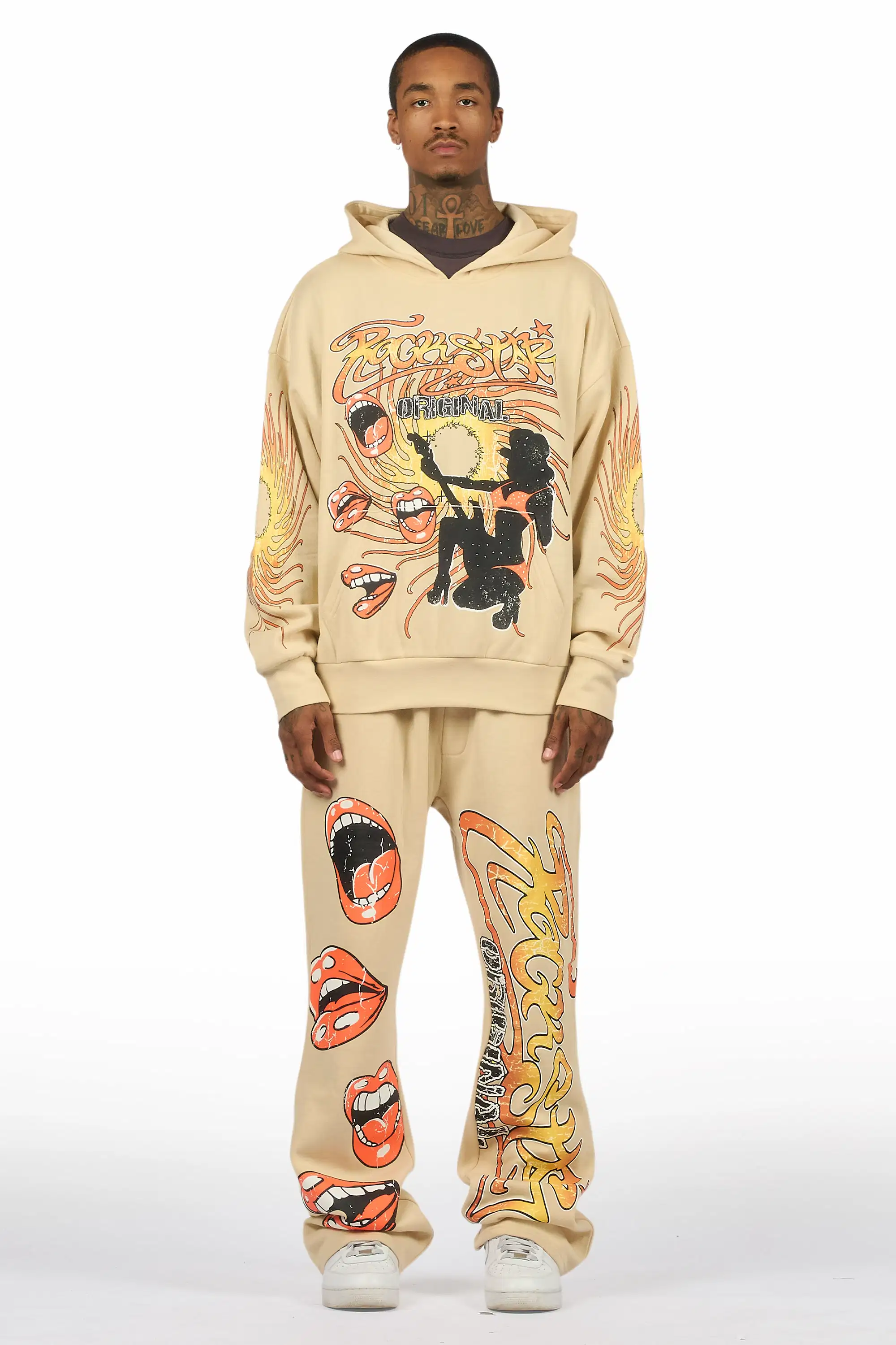 Rock n Roll  Beige Hoodie/Baggy Pant Track Set - Image 2