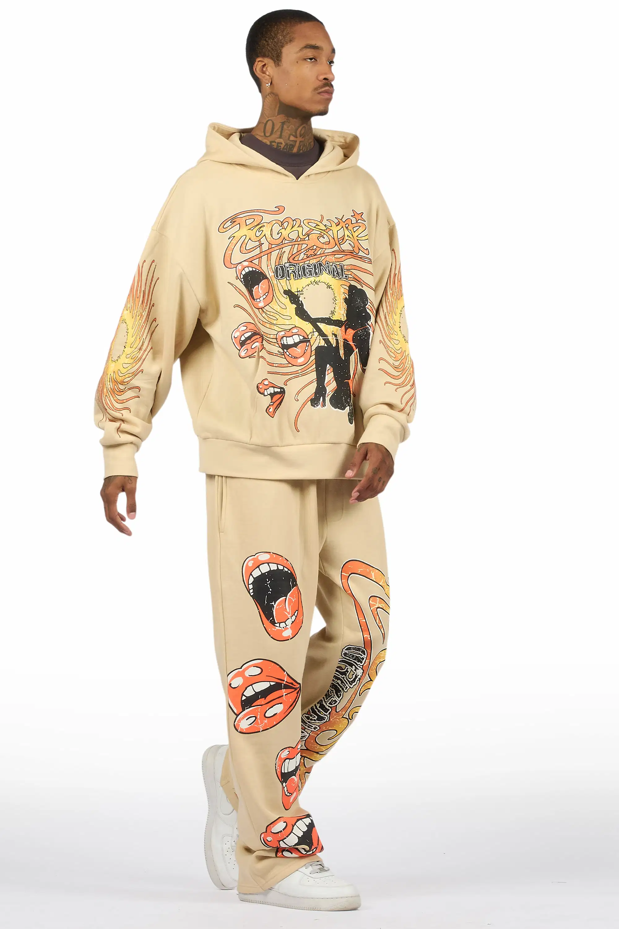 Rock n Roll  Beige Hoodie/Baggy Pant Track Set - Image 4