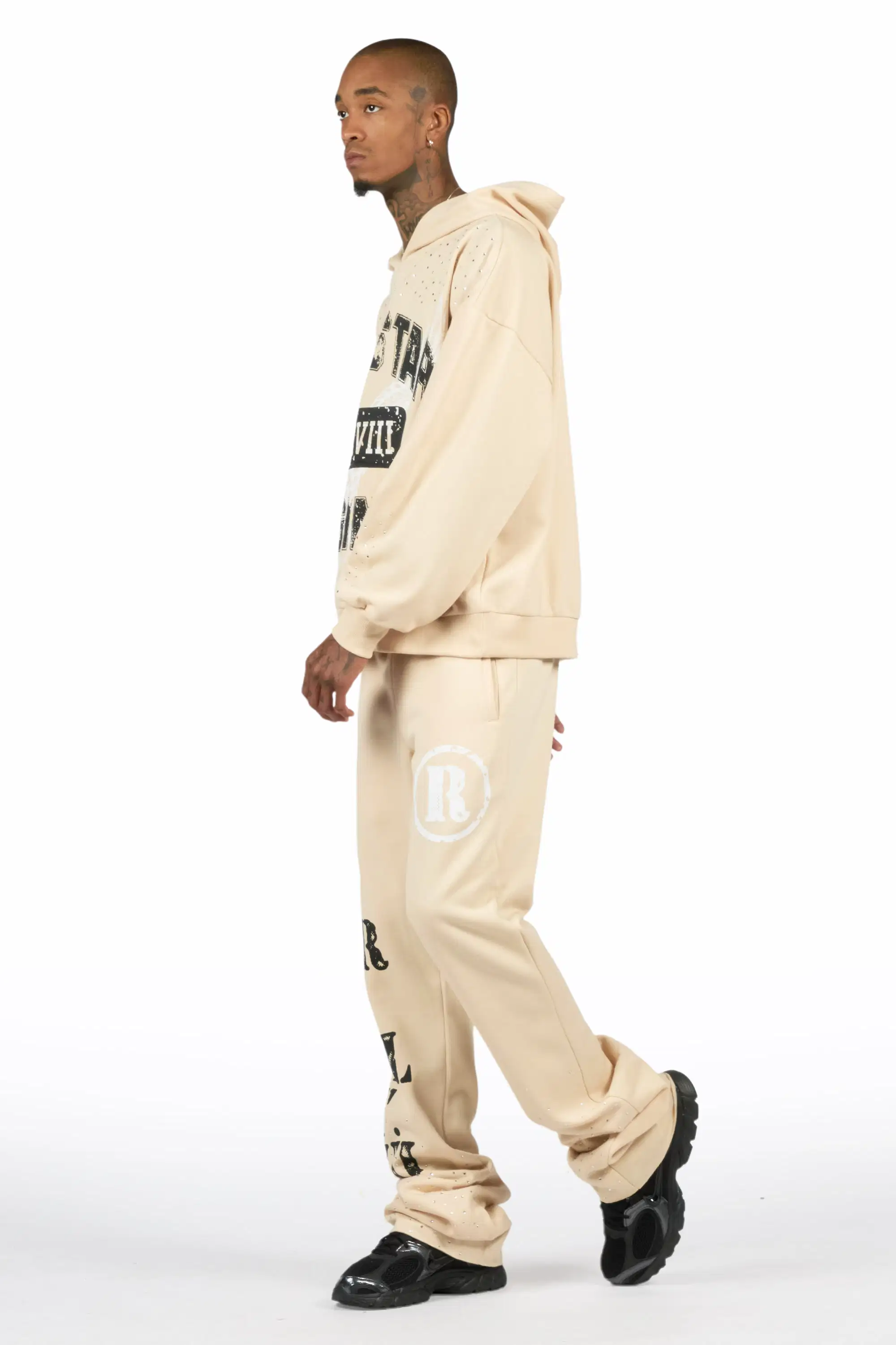 Borya Beige Rhinestone Hoodie/Stacked Pant Track Set - Image 5