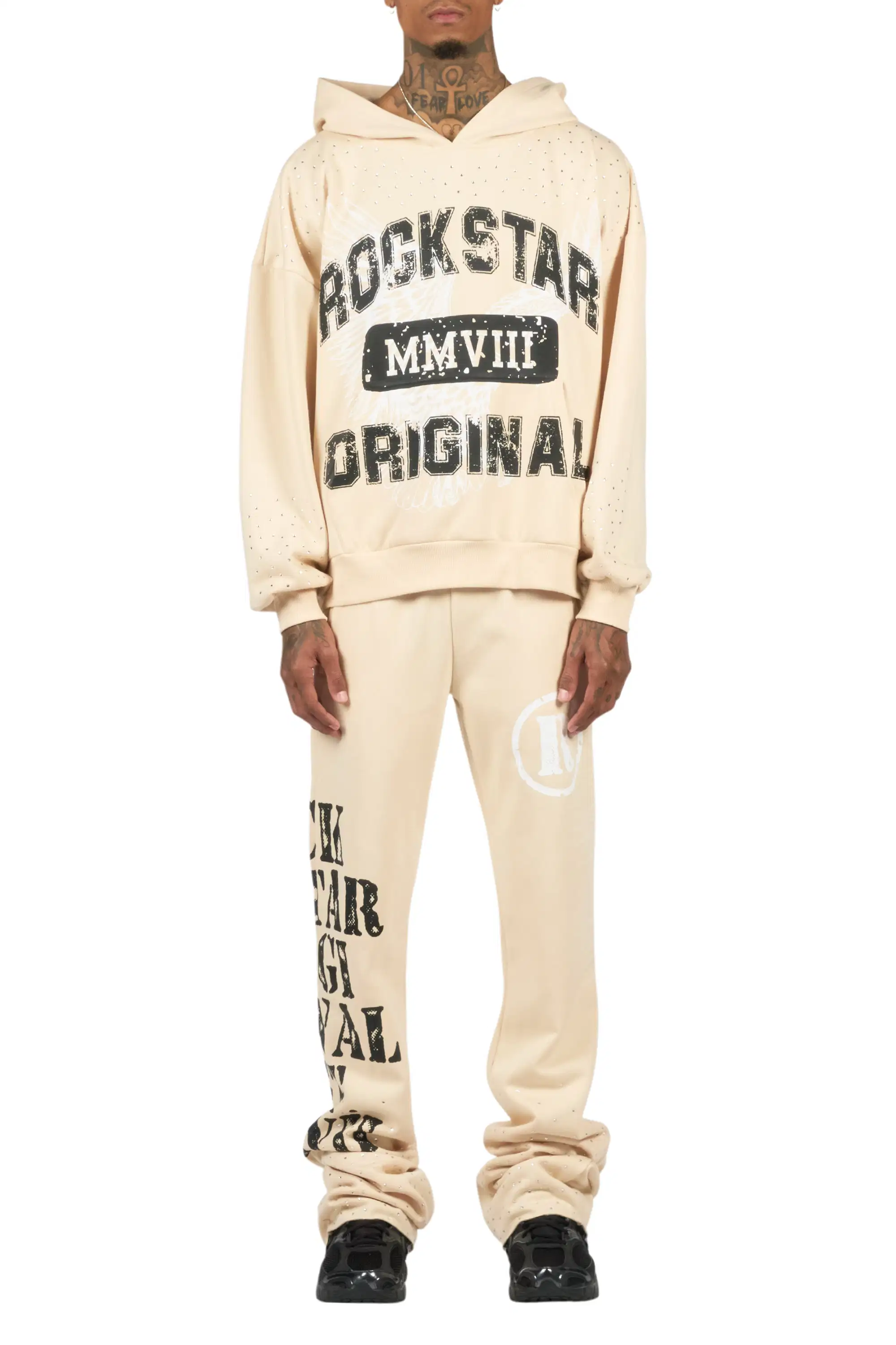 Borya Beige Rhinestone Hoodie/Stacked Pant Track Set - Image 9