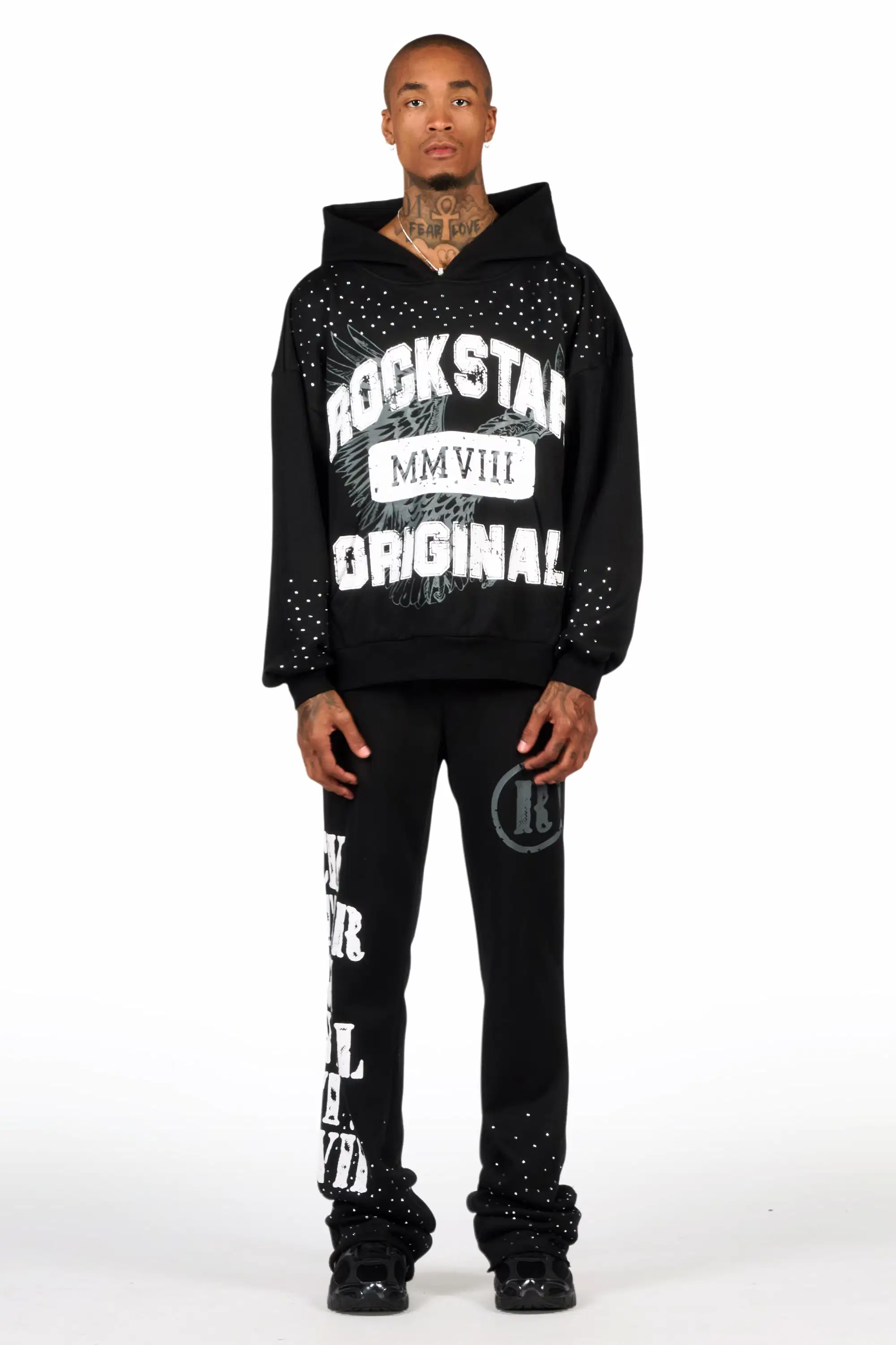 Borya Black Rhinestone Hoodie/Stacked Pant Track Set - Image 3