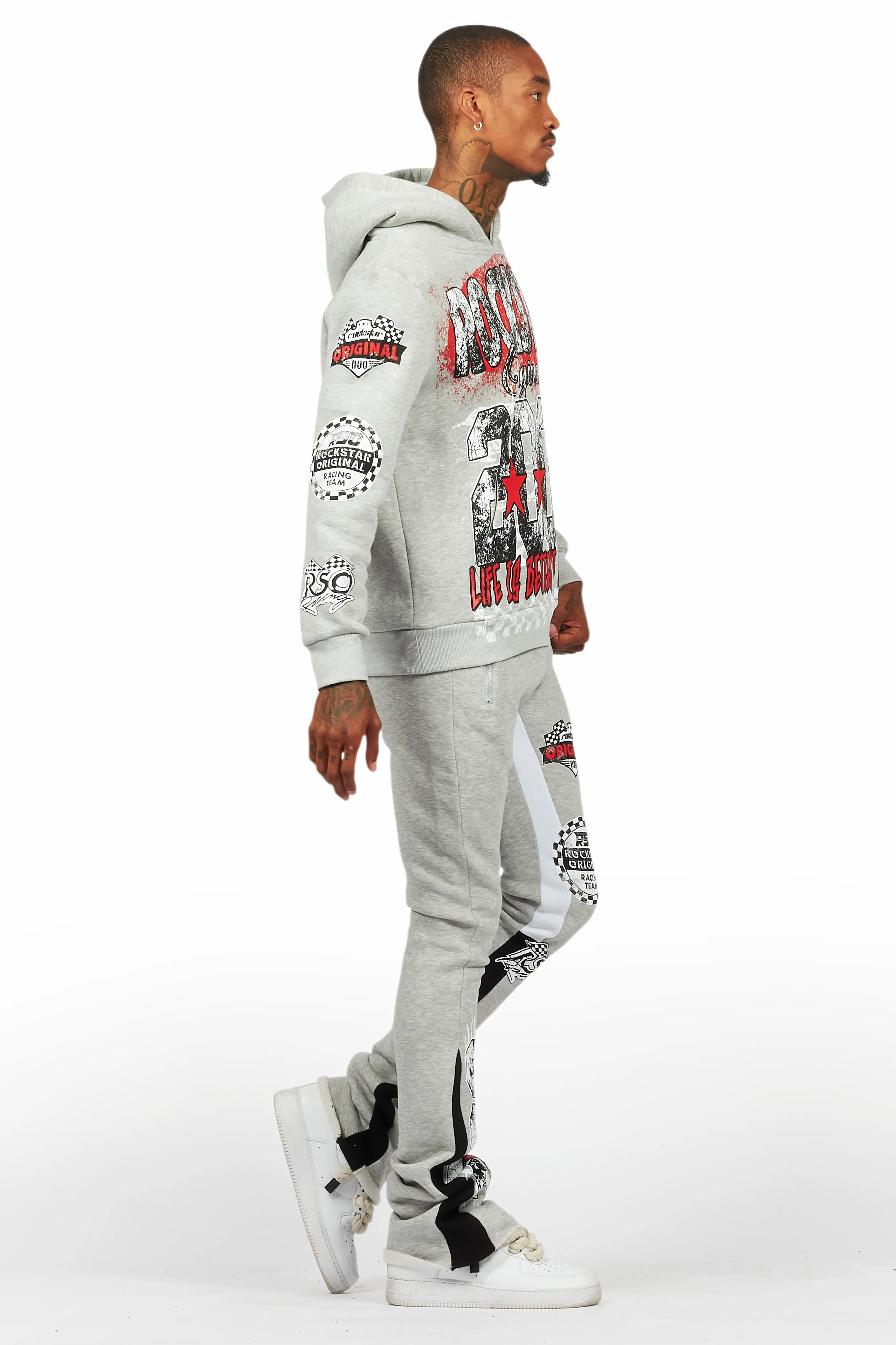 Racing Grung Heather Grey Hoodie/Stacked Flare Track Pant Set - Image 3