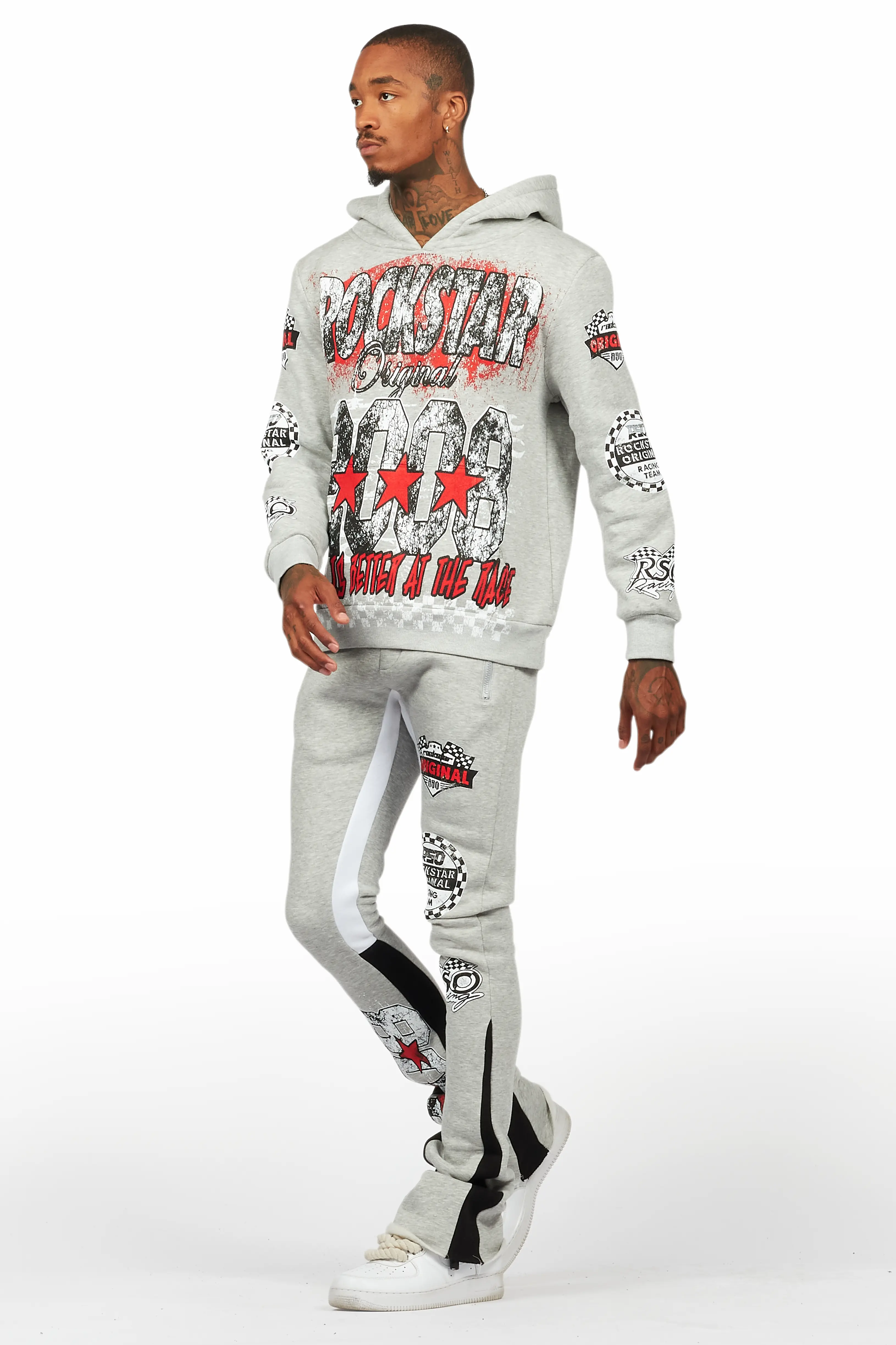 Racing Grung Heather Grey Hoodie/Stacked Flare Track Pant Set - Image 5