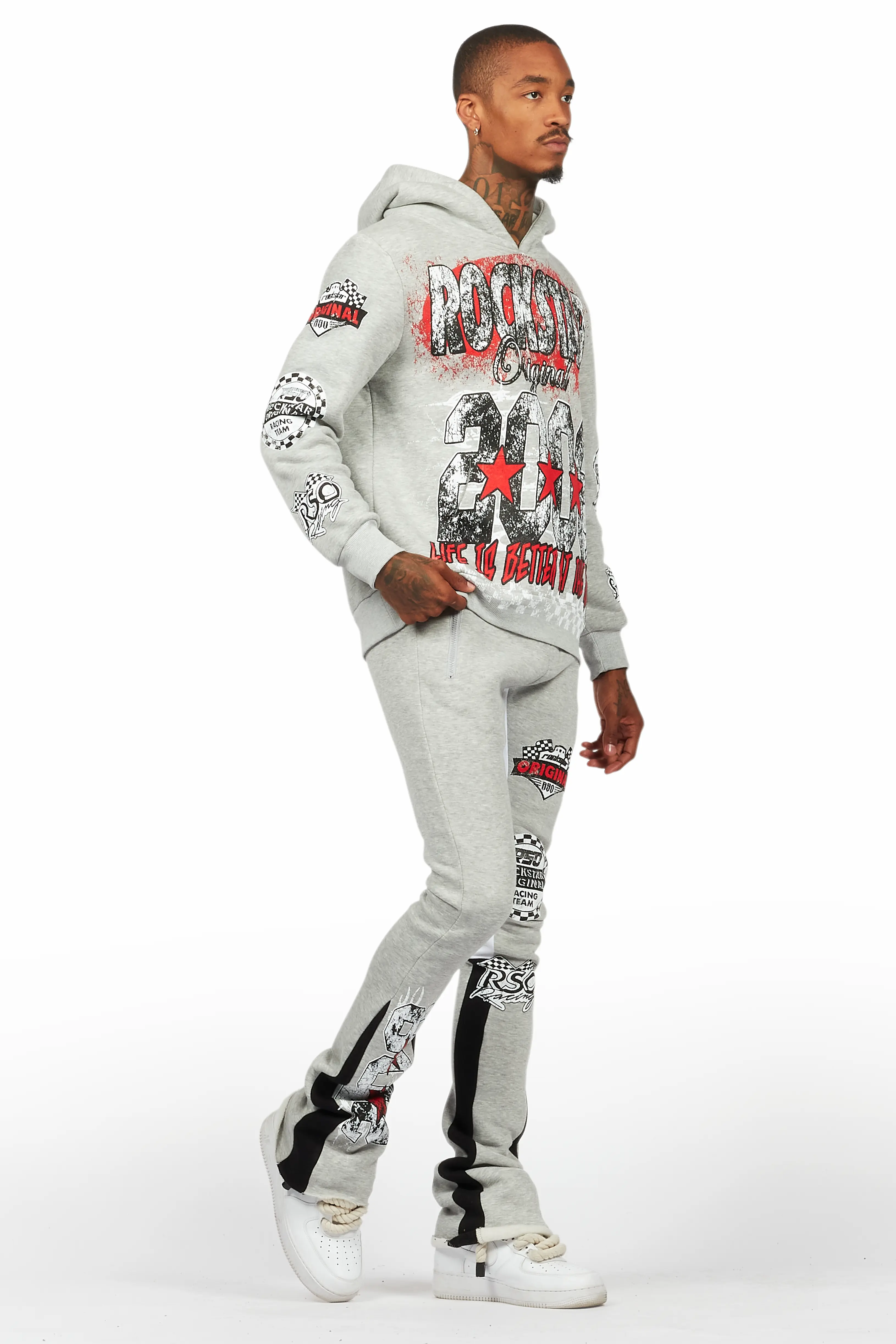 Racing Grung Heather Grey Hoodie/Stacked Flare Track Pant Set - Image 6