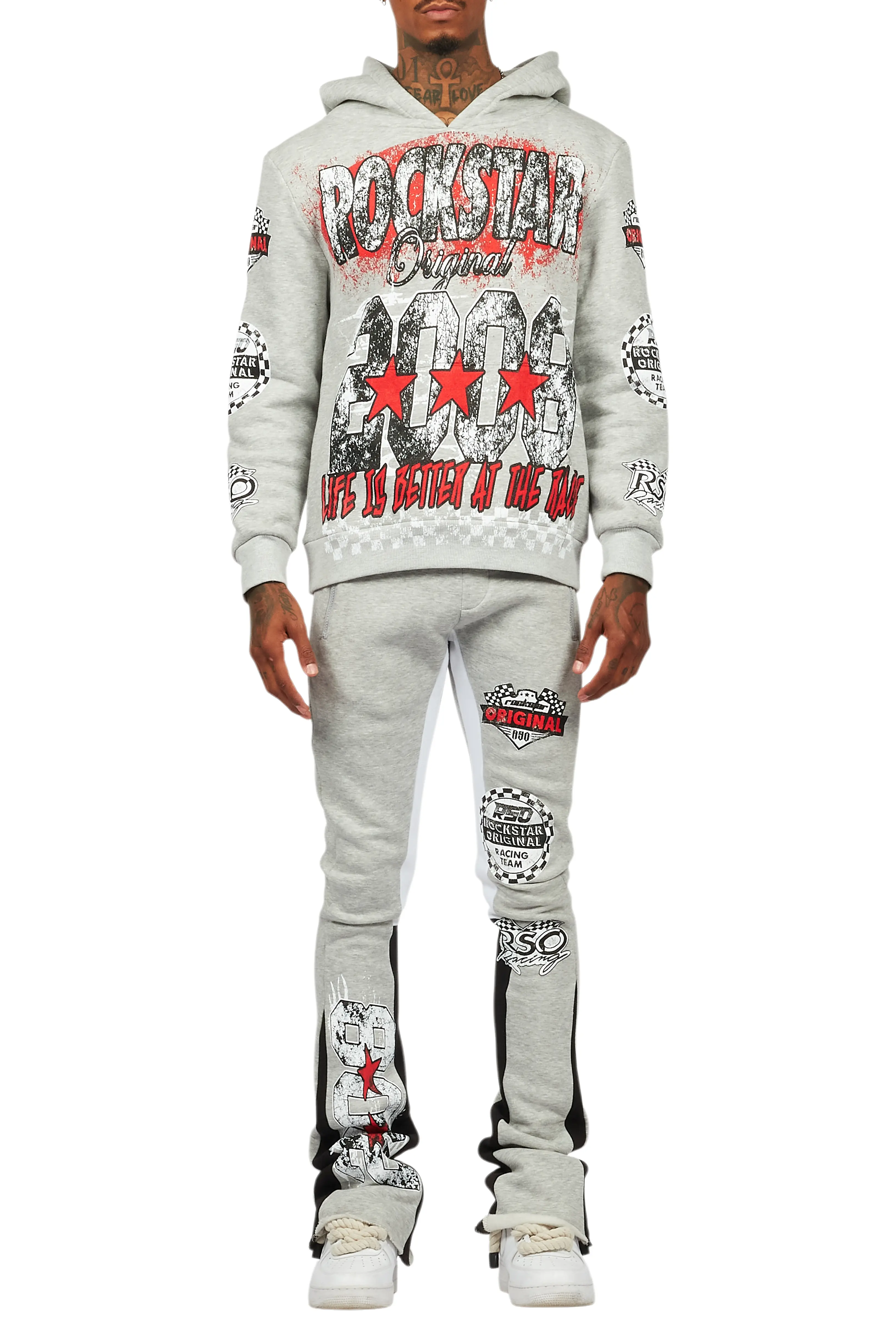 Racing Grung Heather Grey Hoodie/Stacked Flare Track Pant Set - Image 9