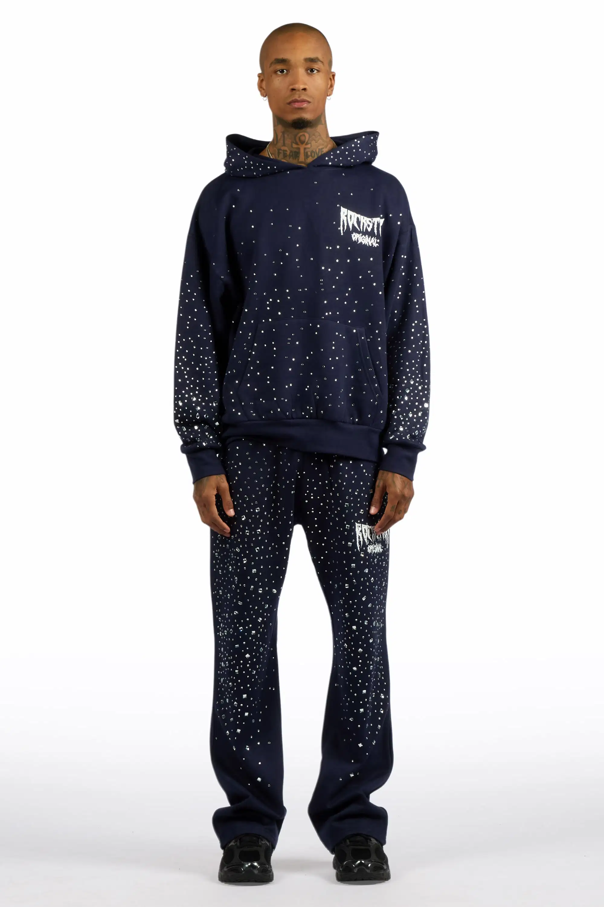 Twinkle Navy/White Rhinestone Hoodie Relaxed Track Set - Image 3