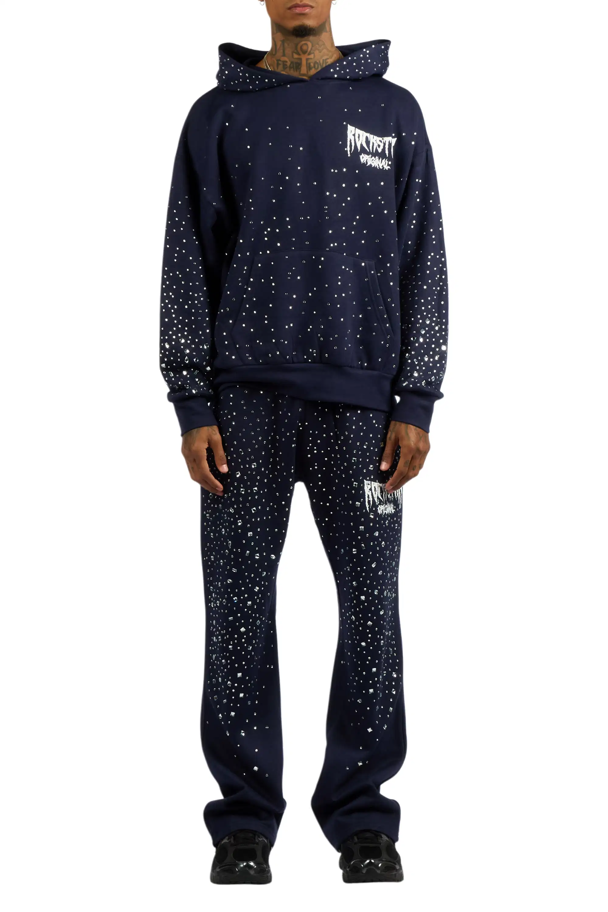Twinkle Navy/White Rhinestone Hoodie Relaxed Track Set - Image 9
