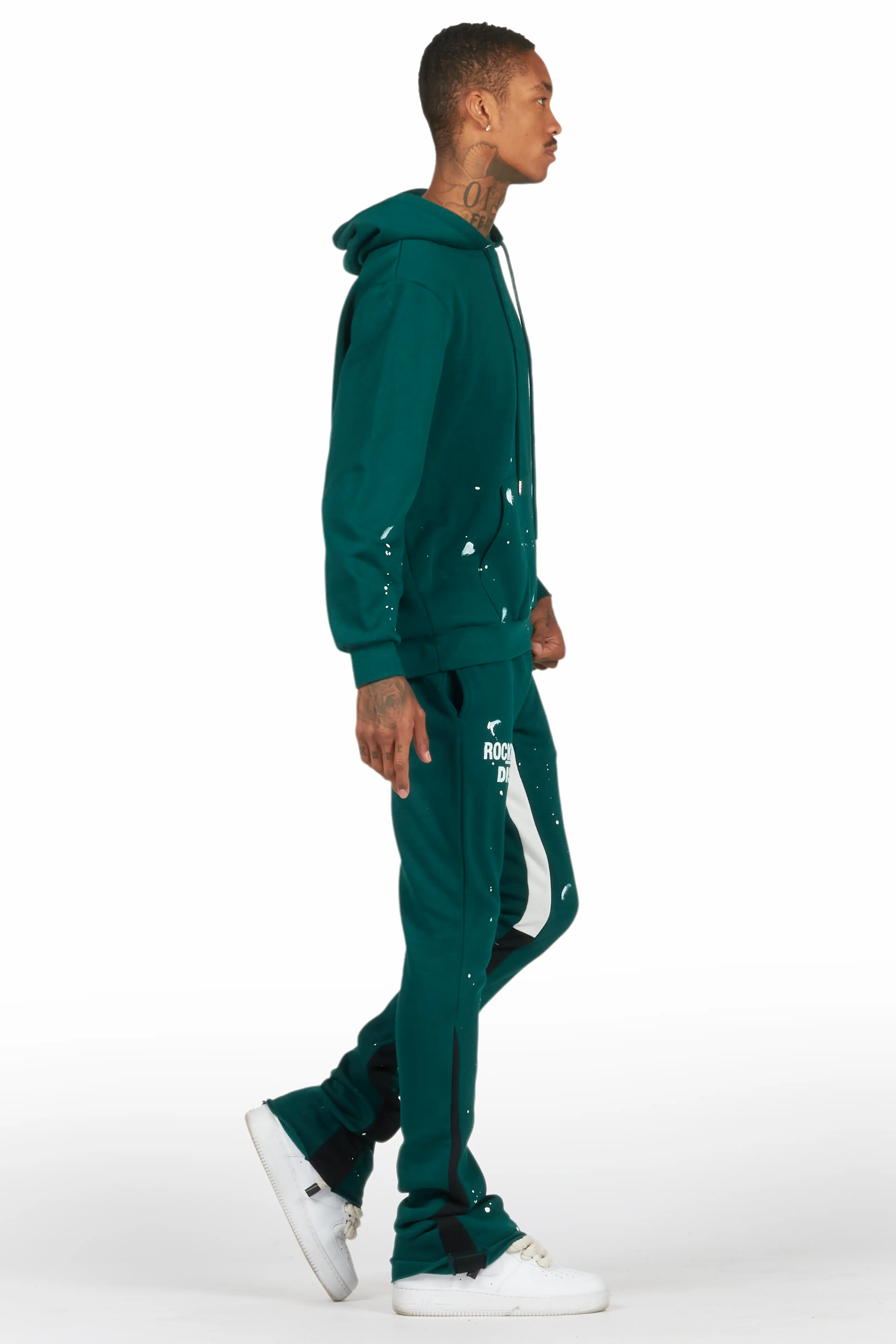 Raffer Dark Green Hoodie/Stacked Flare Pant Set - Image 3