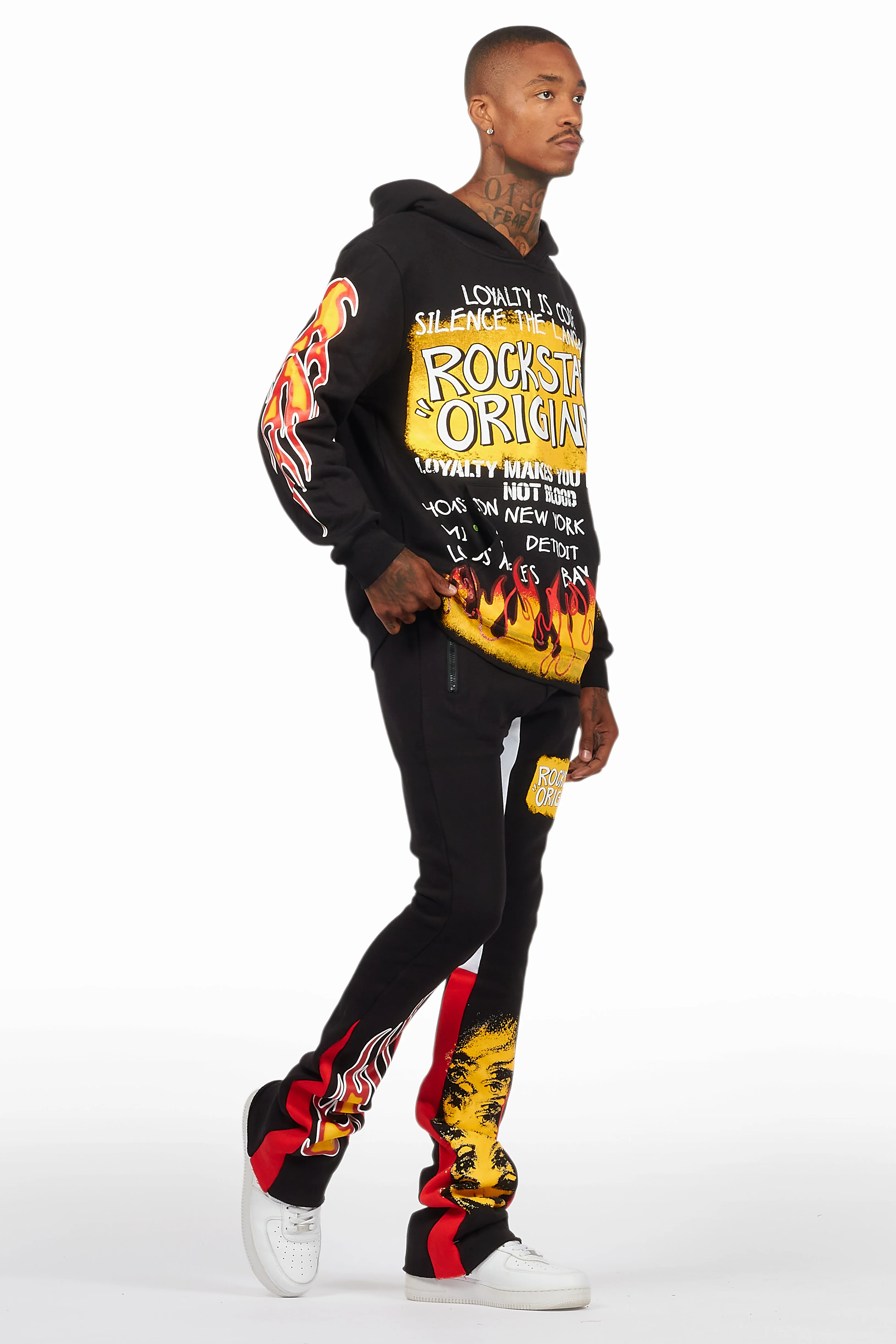 Beno Black/Yellow Stacked Flare Hoodie Track Set - Image 11