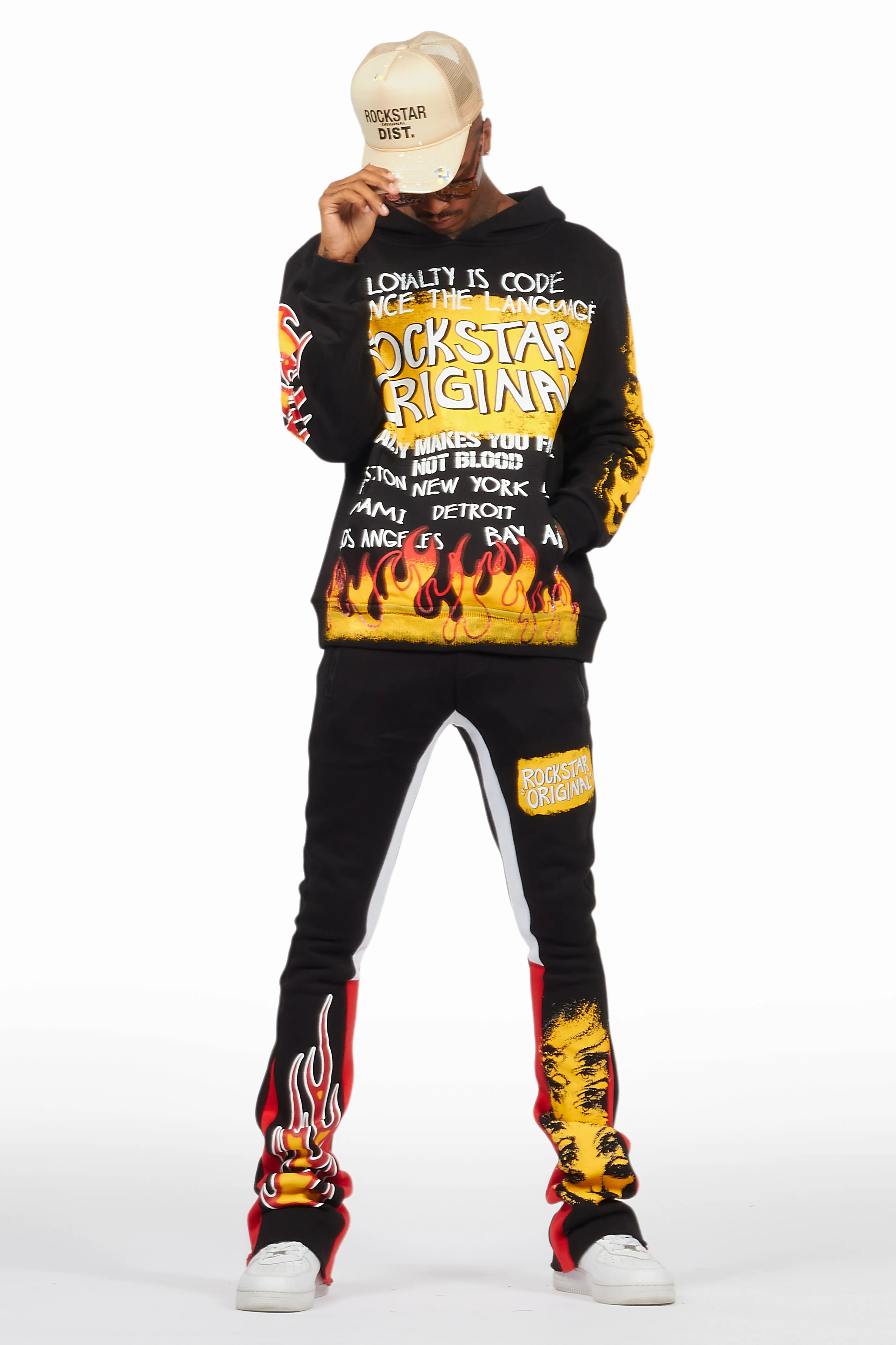 Beno Black/Yellow Stacked Flare Hoodie Track Set - Image 3
