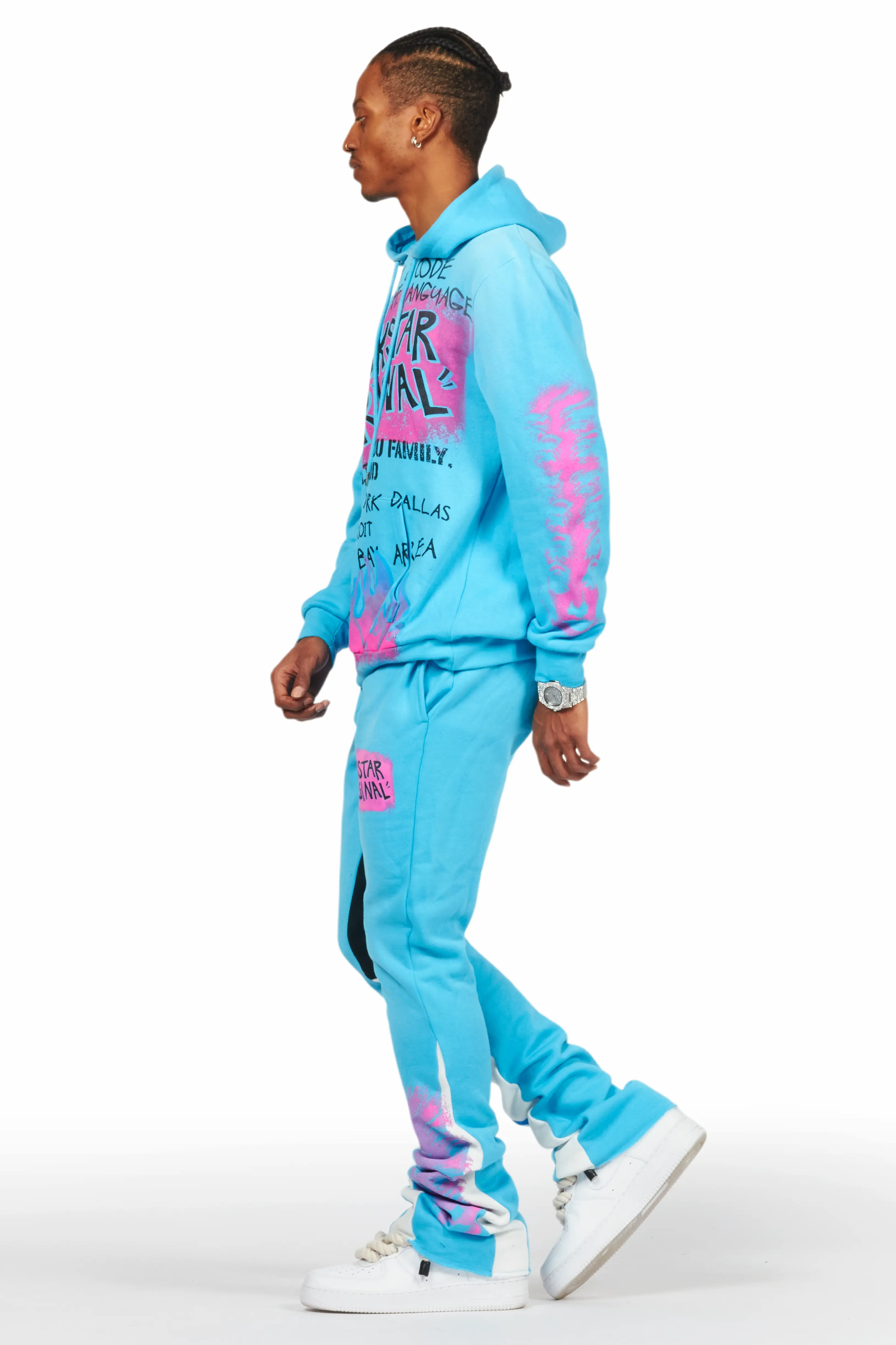 Beno Blue Stacked Flare Hoodie Track Set - Image 3