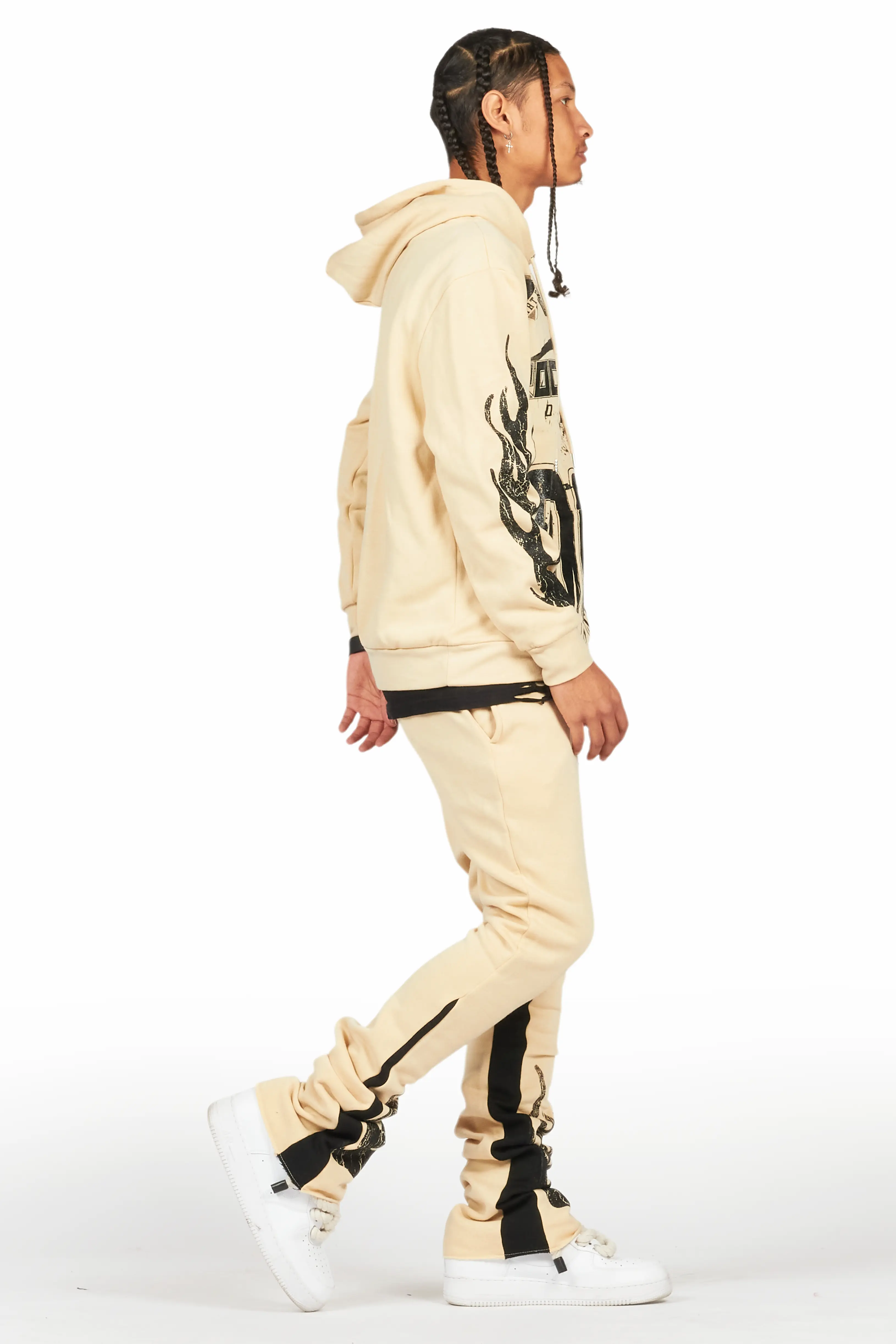 Amos Beige Stacked Flare Hoodie Track Set - Image 3