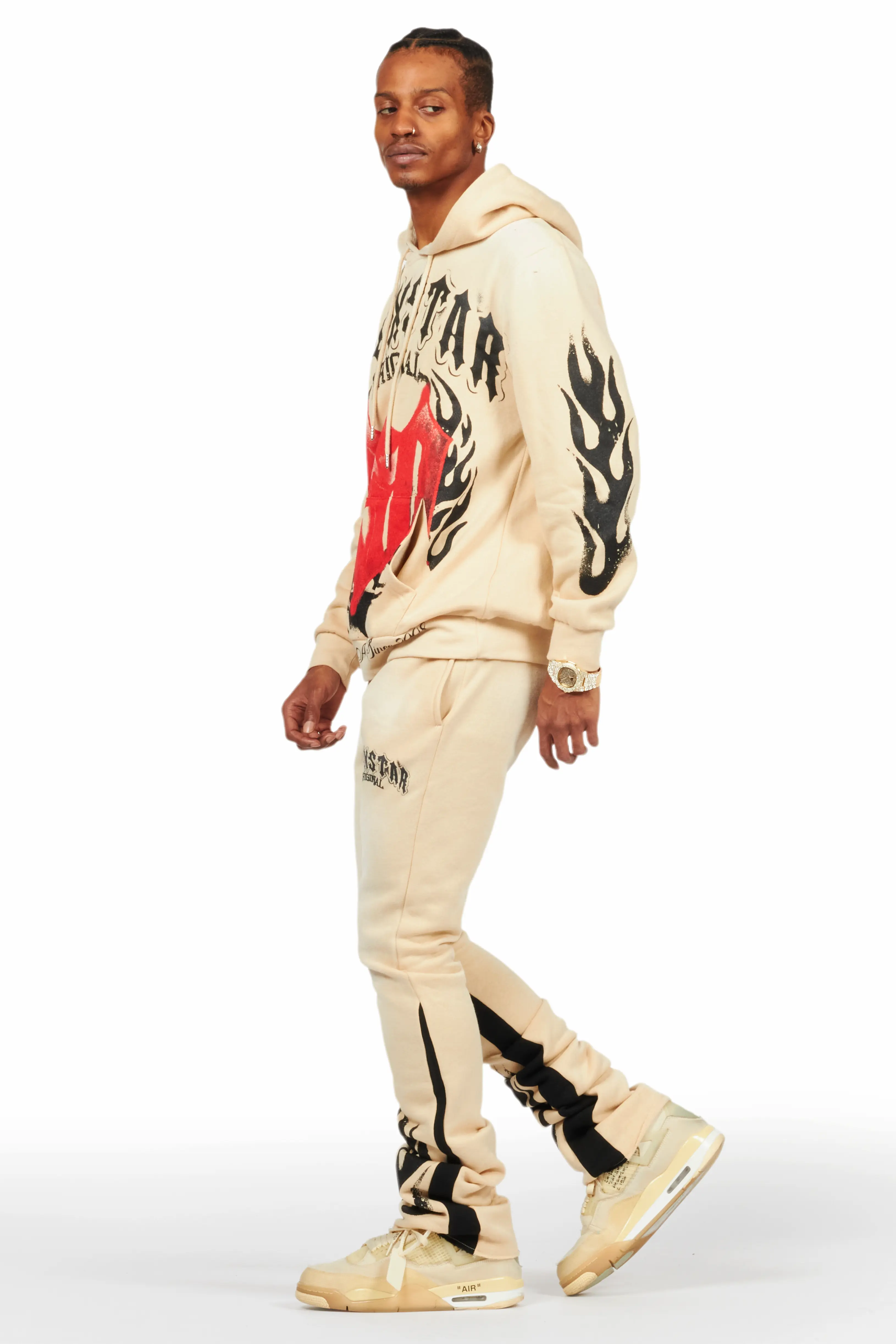 Boaz Beige Stacked Flare Hoodie Track Set - Image 3