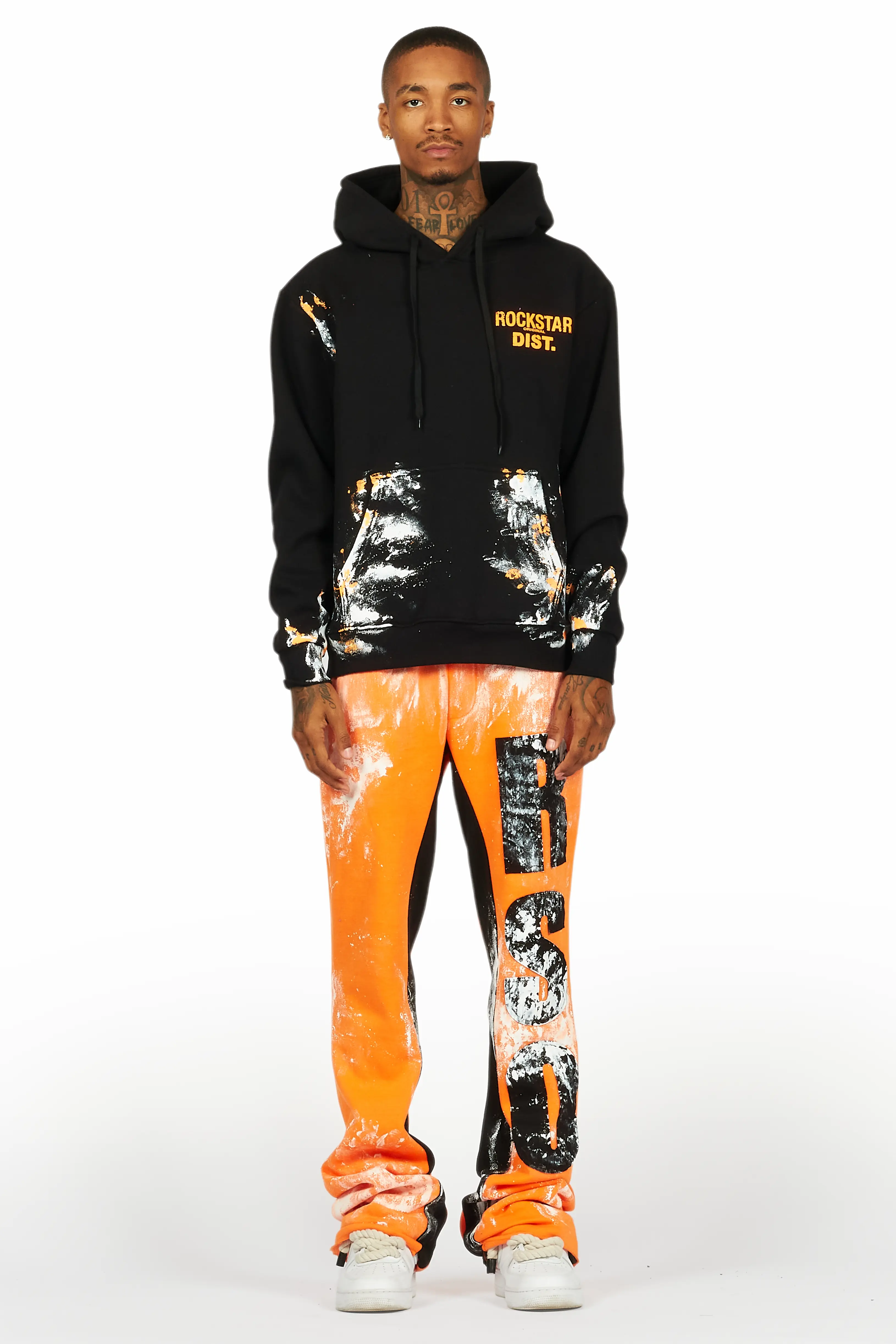 Folly Black/Orange Hoodie/Baggy Stacked Flare Pant Set - Image 2