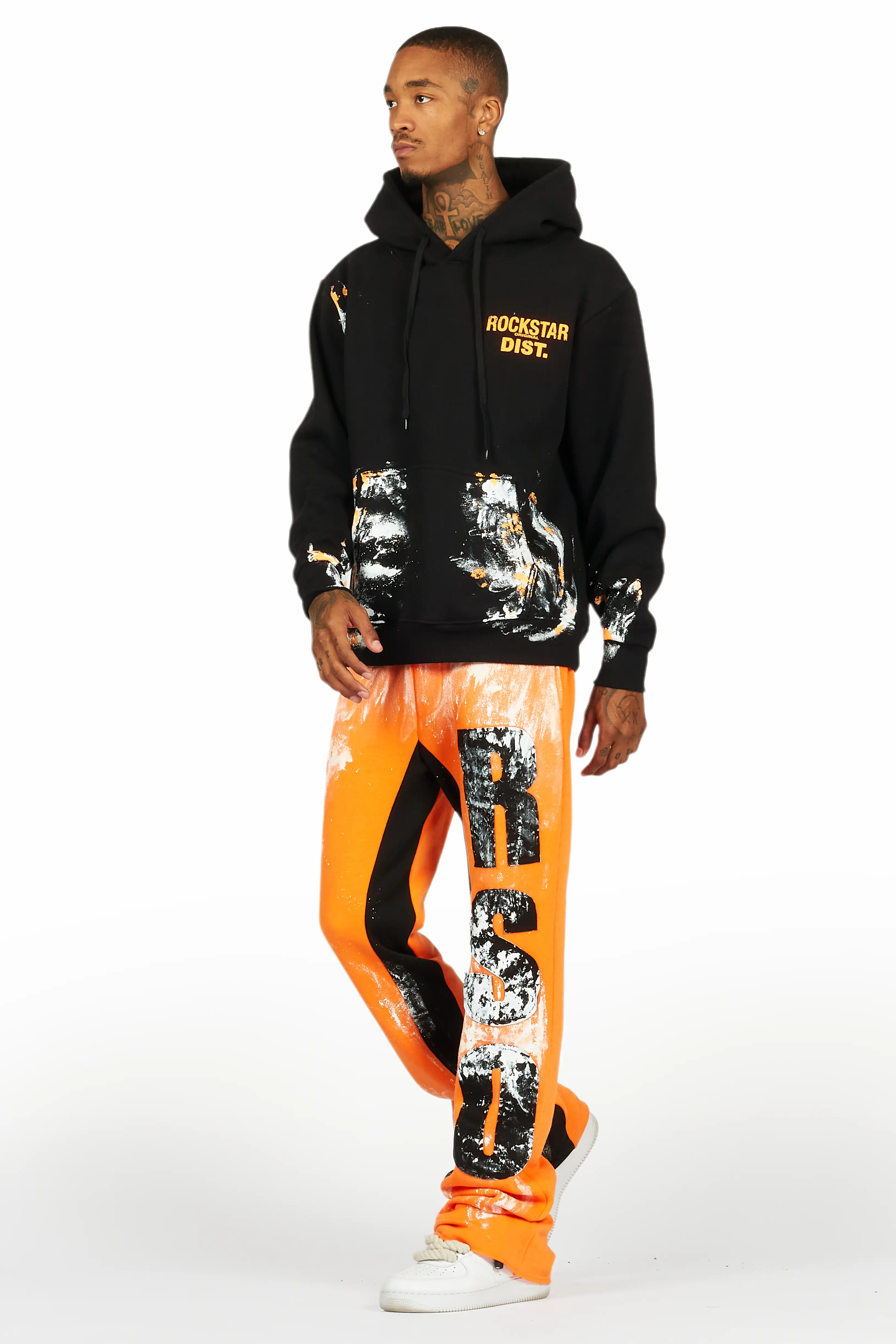 Folly Black/Orange Hoodie/Baggy Stacked Flare Pant Set - Image 6