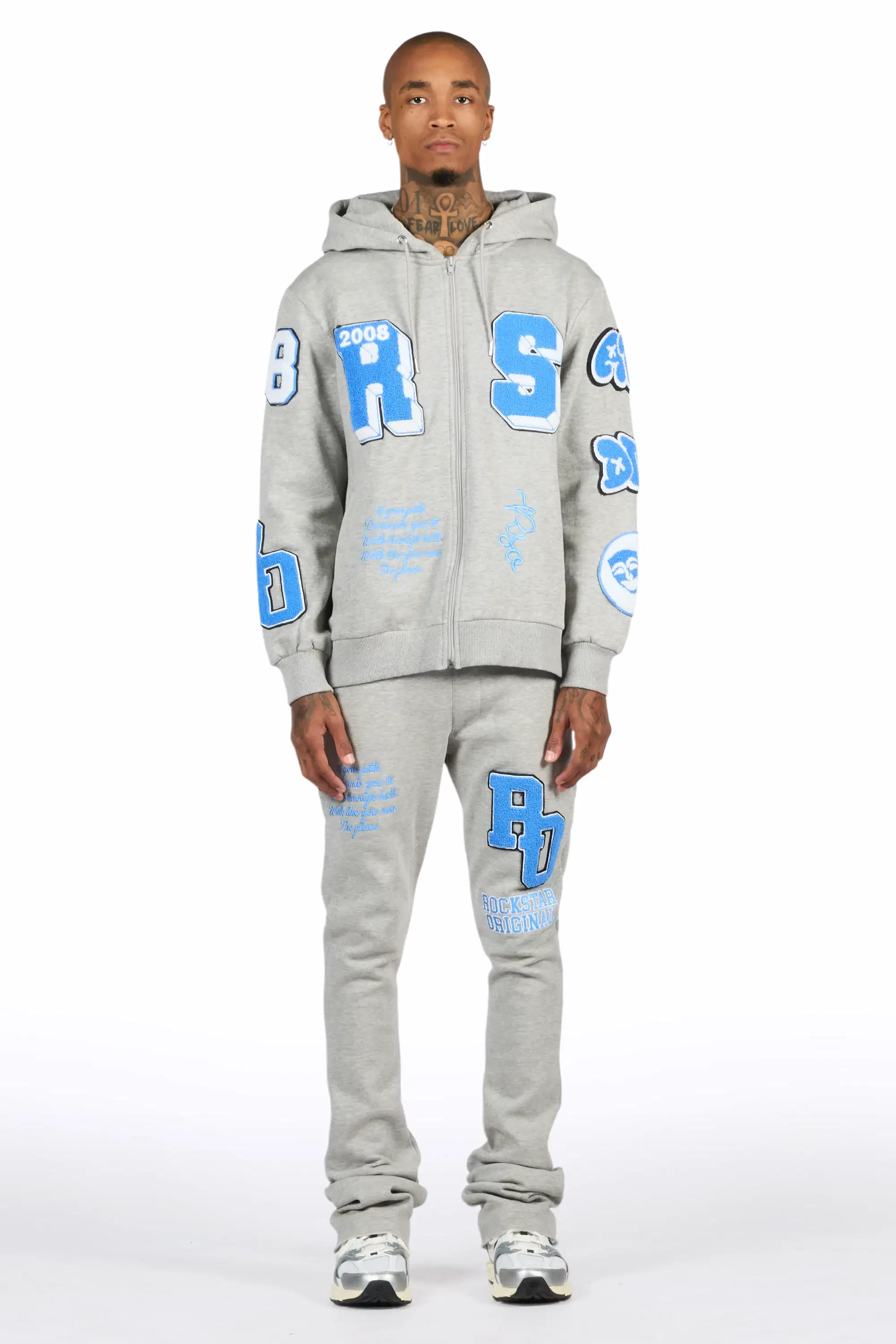 Leslaw Heather Grey Stacked Flare Hoodie Track Set - Image 2