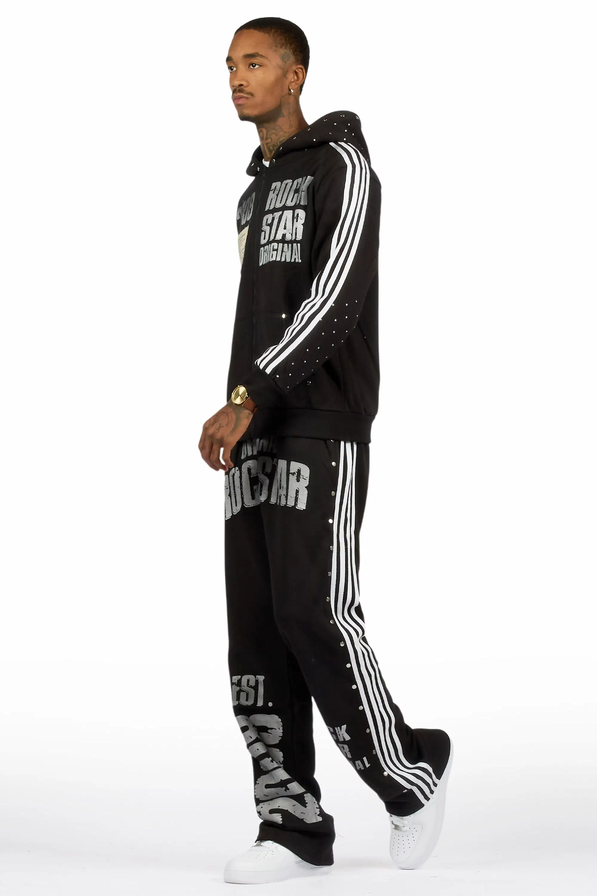 Gusti Black Rhinestone Stacked Flare Hoodie Track Set - Image 5