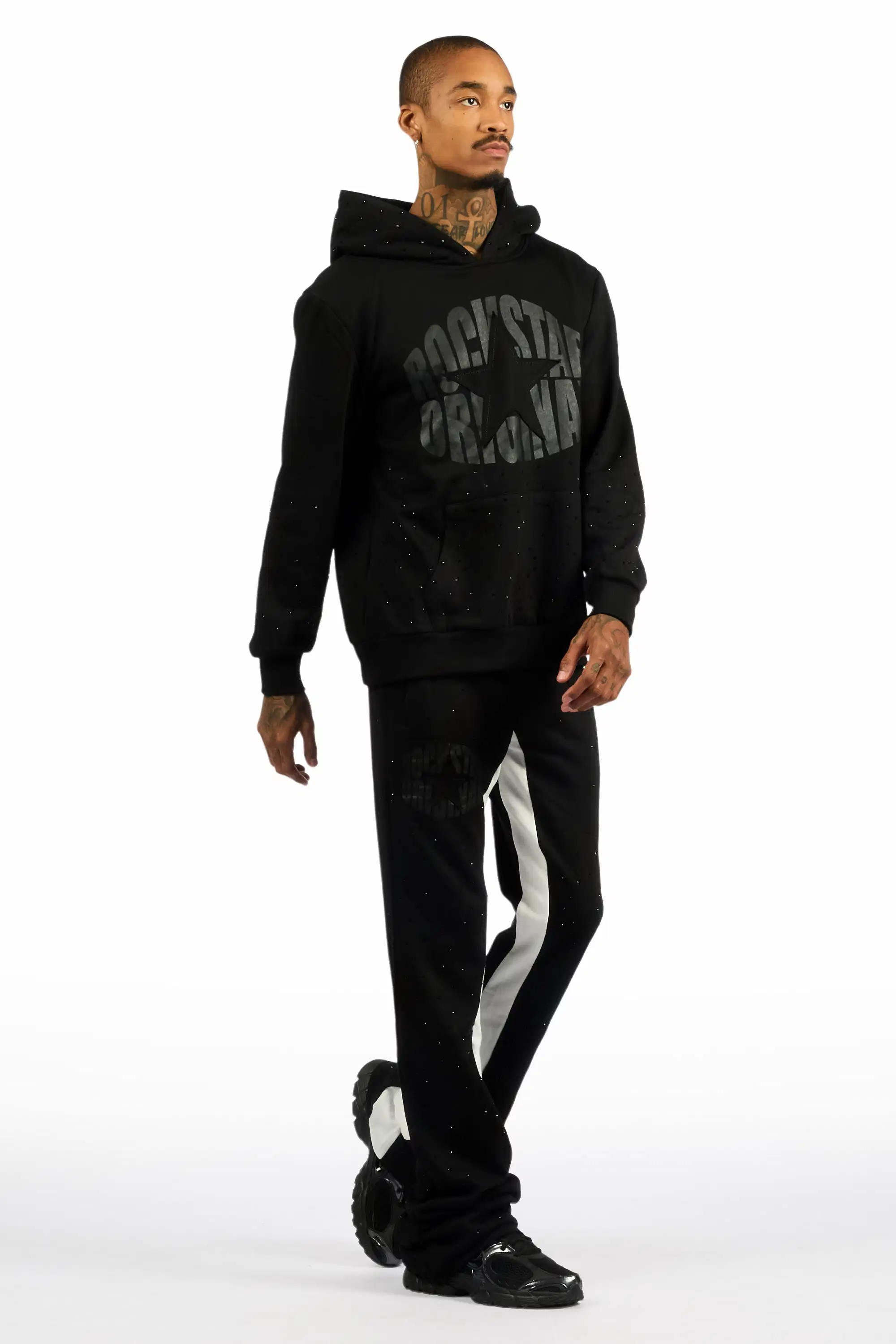 States Black Rhinestone Hoodie Stacked Flare Track Set - Image 4