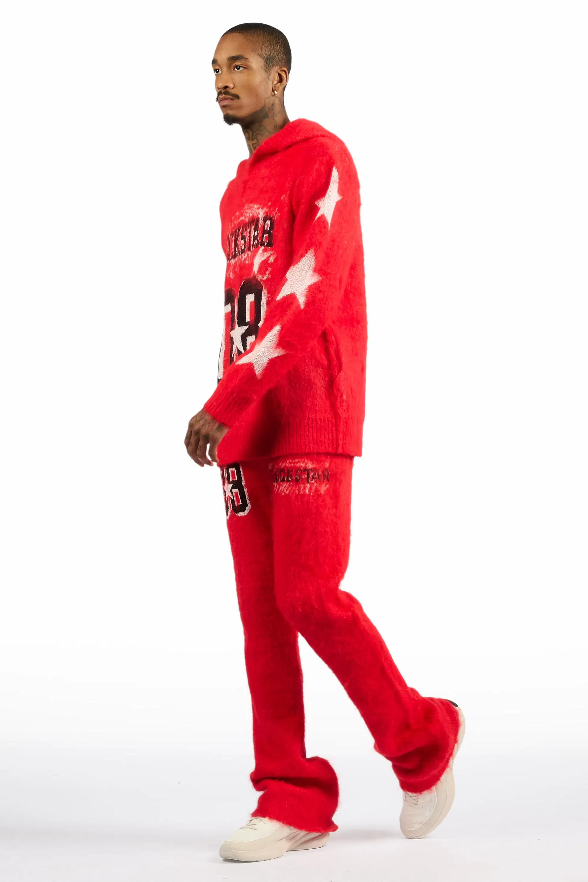 Allstar Red Hoodie Stacked Flare Knitted Mohair Track Set - Image 5