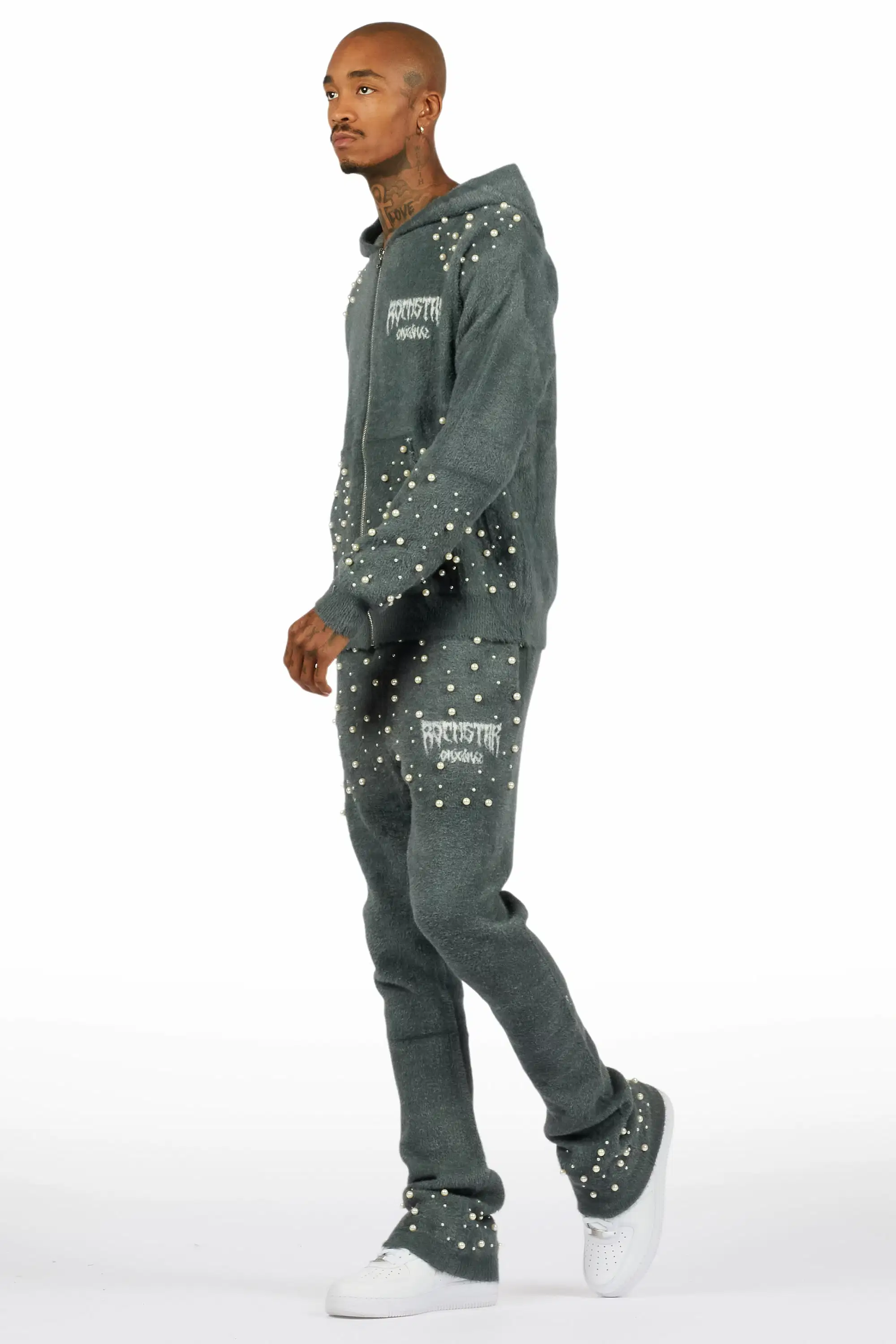 Twinkle Charcoal Rhinestone Hoodie Stacked Flare Track Set - Image 5