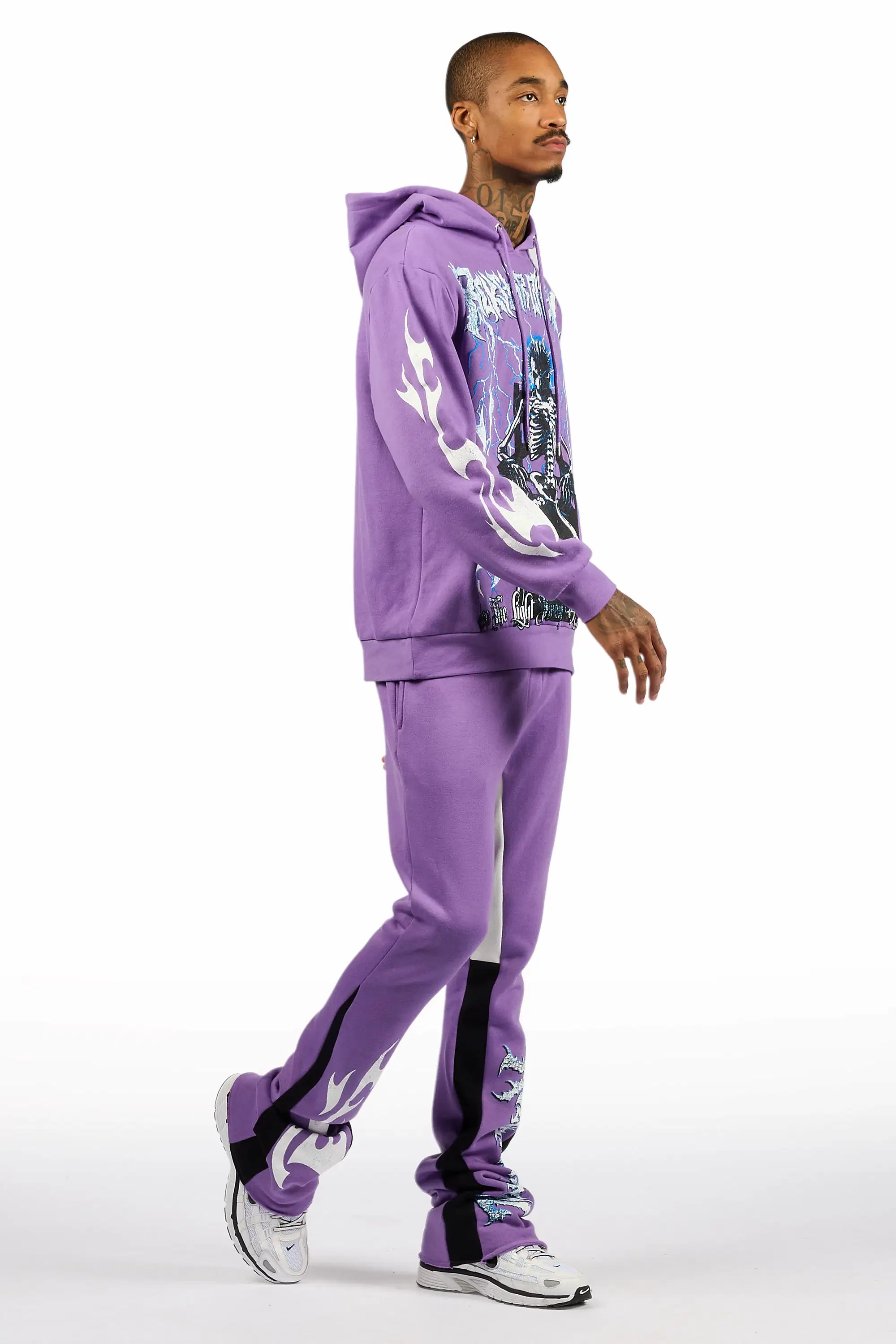 Deathrow Purple/White Hoodie/Stacked Track Pant Set - Image 3