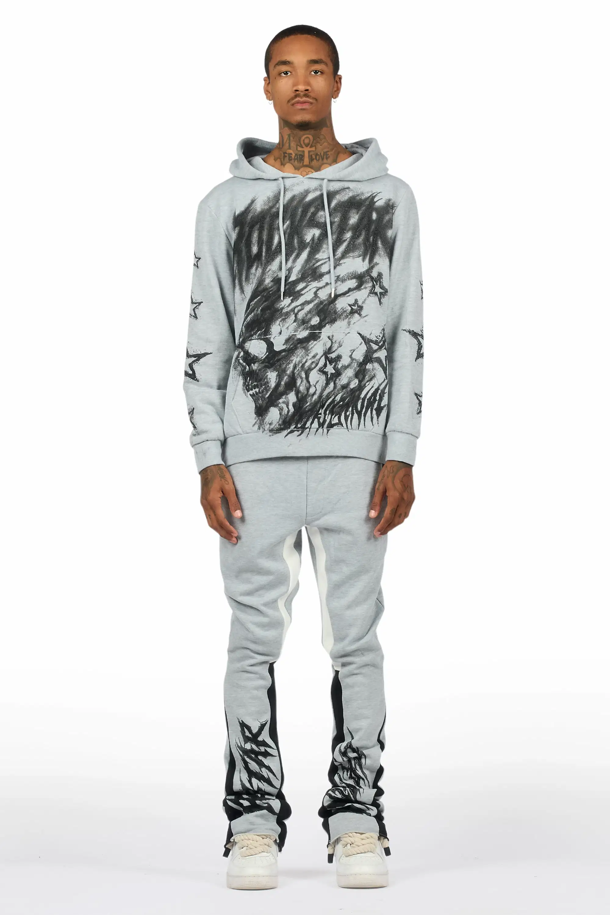 Nelz Heather Grey/Black Hoodie/Stacked Track Pant Set - Image 2