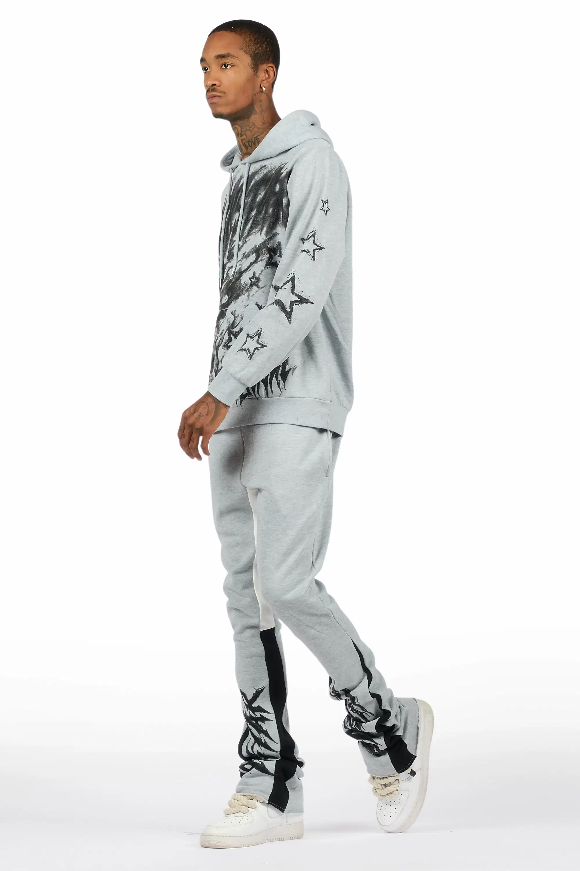 Nelz Heather Grey/Black Hoodie/Stacked Track Pant Set - Image 6