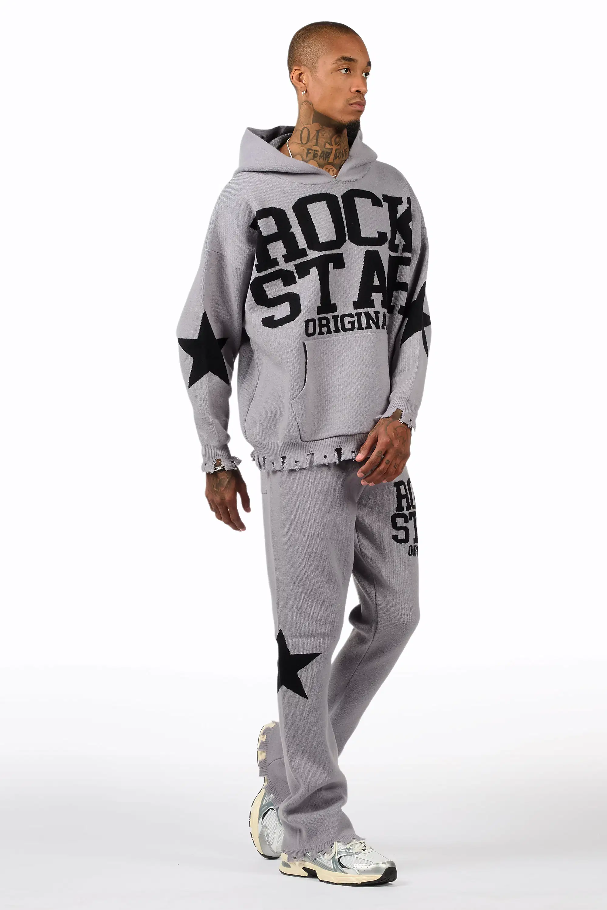 Outlaw Grey Hoodie Stacked Flare Knitted Set - Image 6