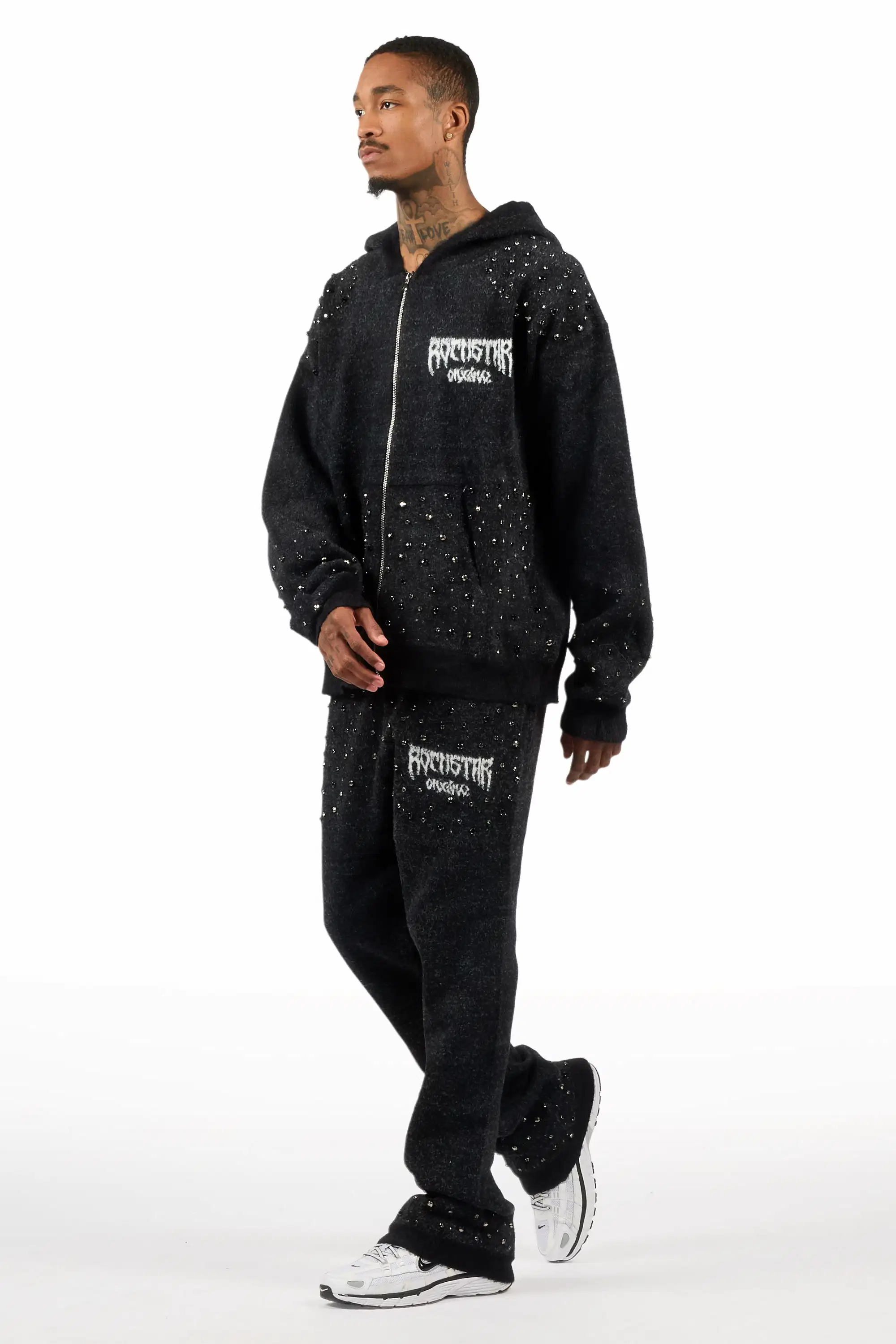 Lapiz Black Rhinestone Mohair Knit Stacked Flare Track Set - Image 5