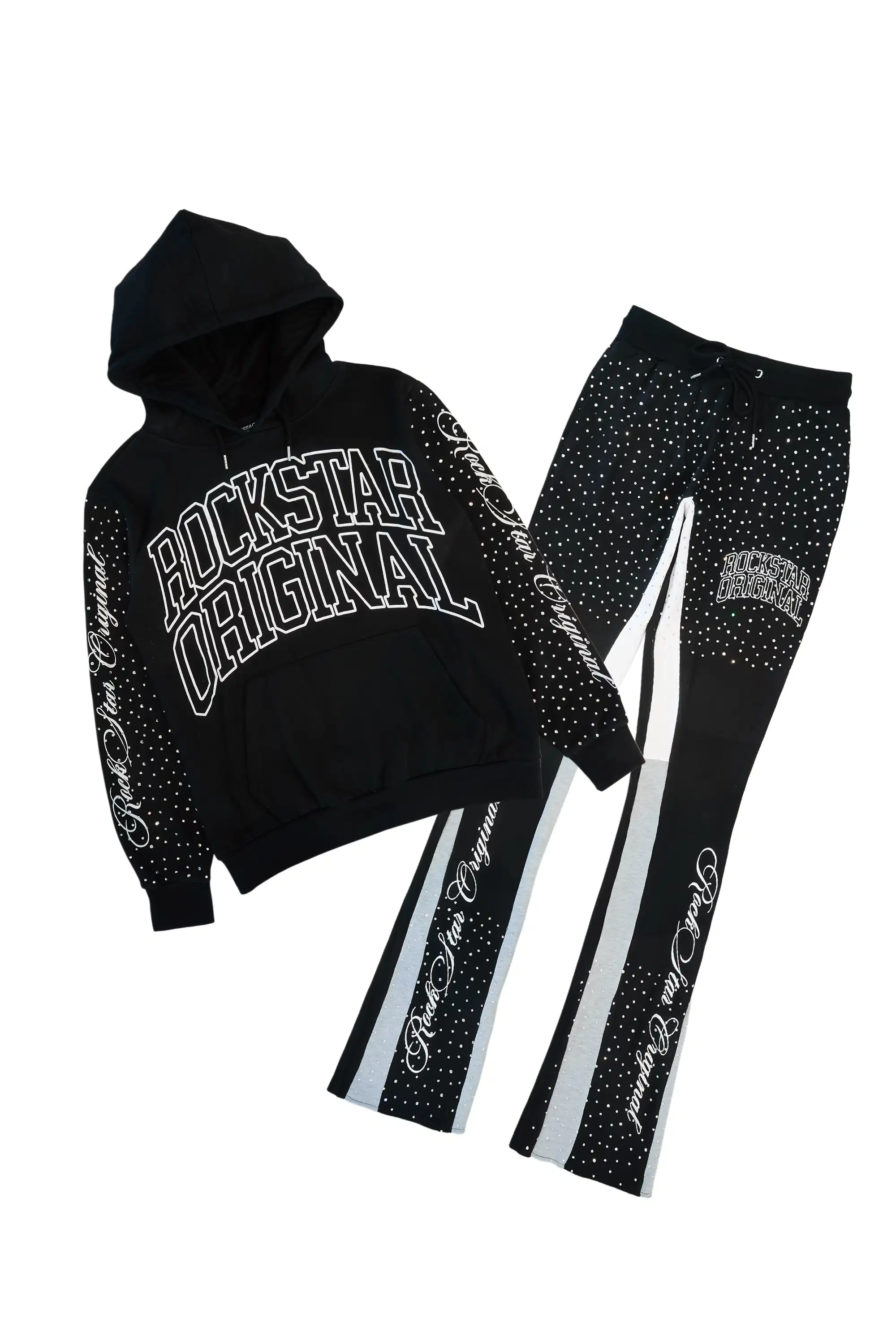 Dripped Black/Clear Rhinestone Hoodie/Stacked Flare Track Set