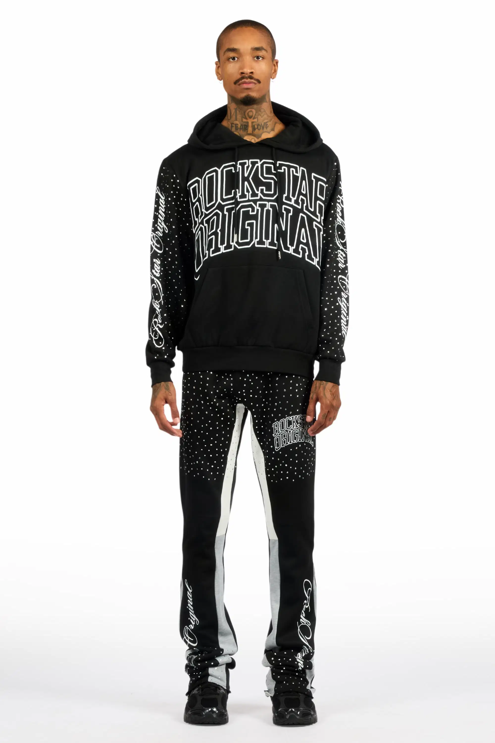 Dripped Black/Clear Rhinestone Hoodie/Stacked Flare Track Set - Image 2