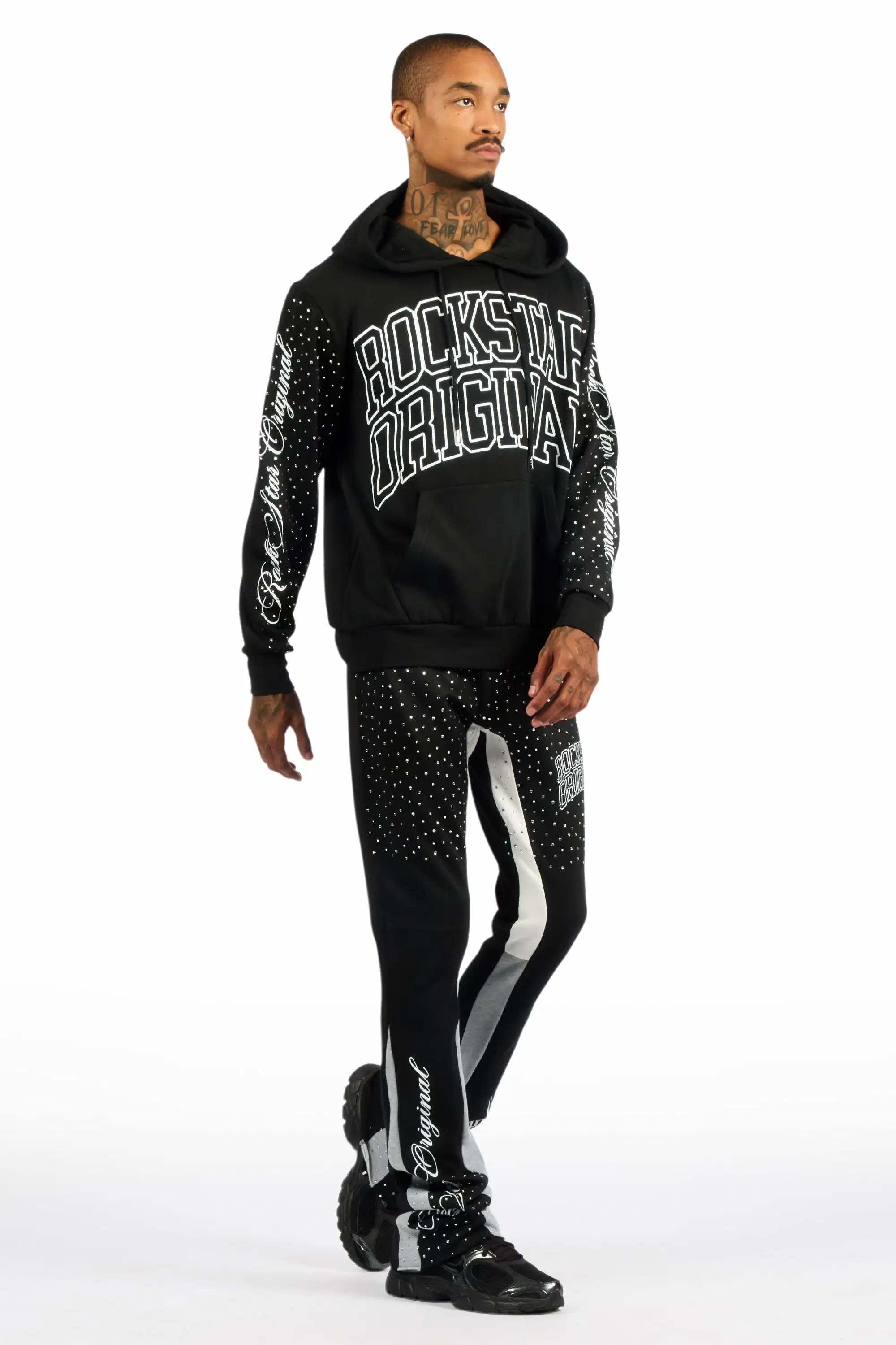 Dripped Black/Clear Rhinestone Hoodie/Stacked Flare Track Set - Image 3