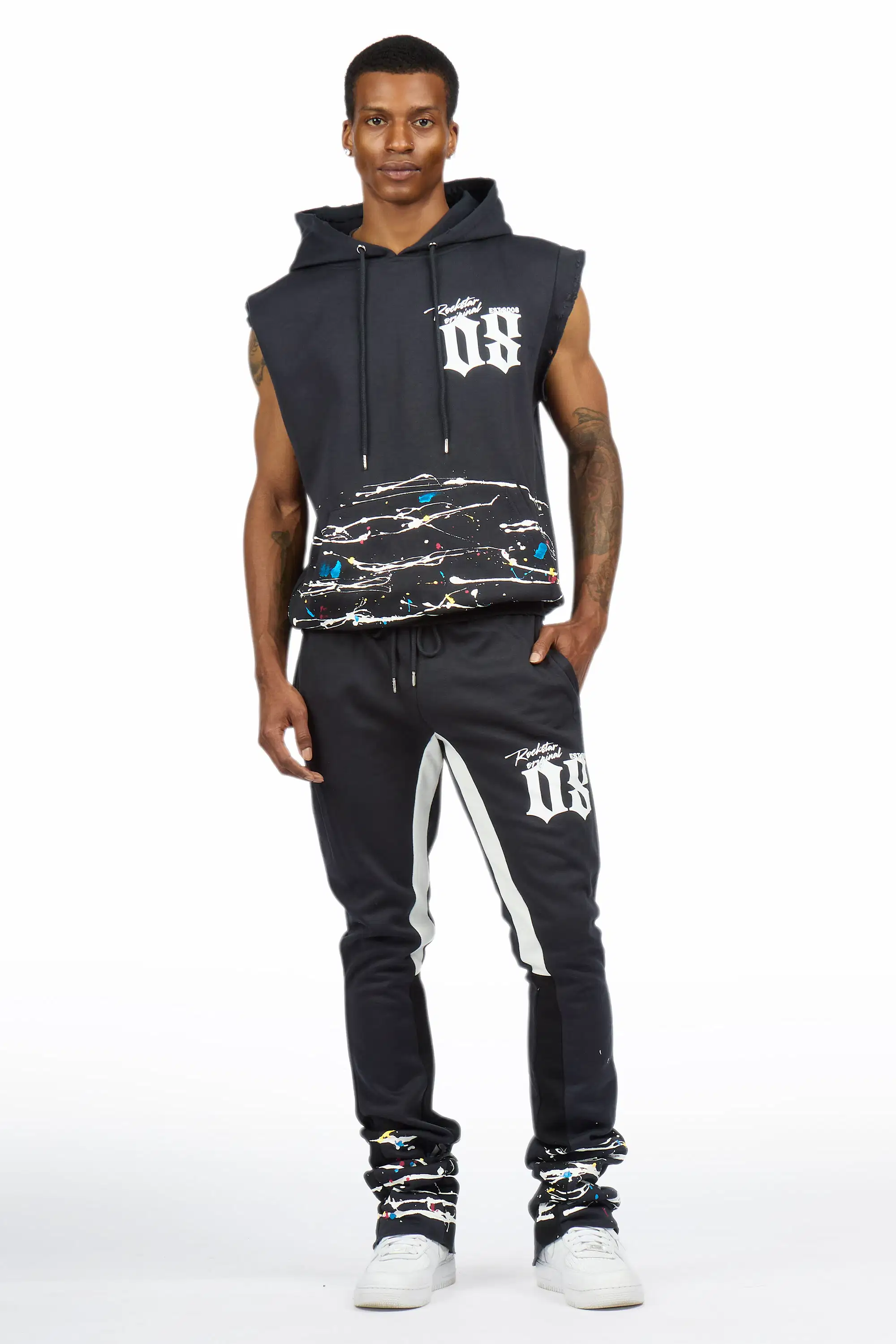 Horia Charcoal/Multi Cut Sleeve Hoodie/Stacked Pant Track Set - Image 2