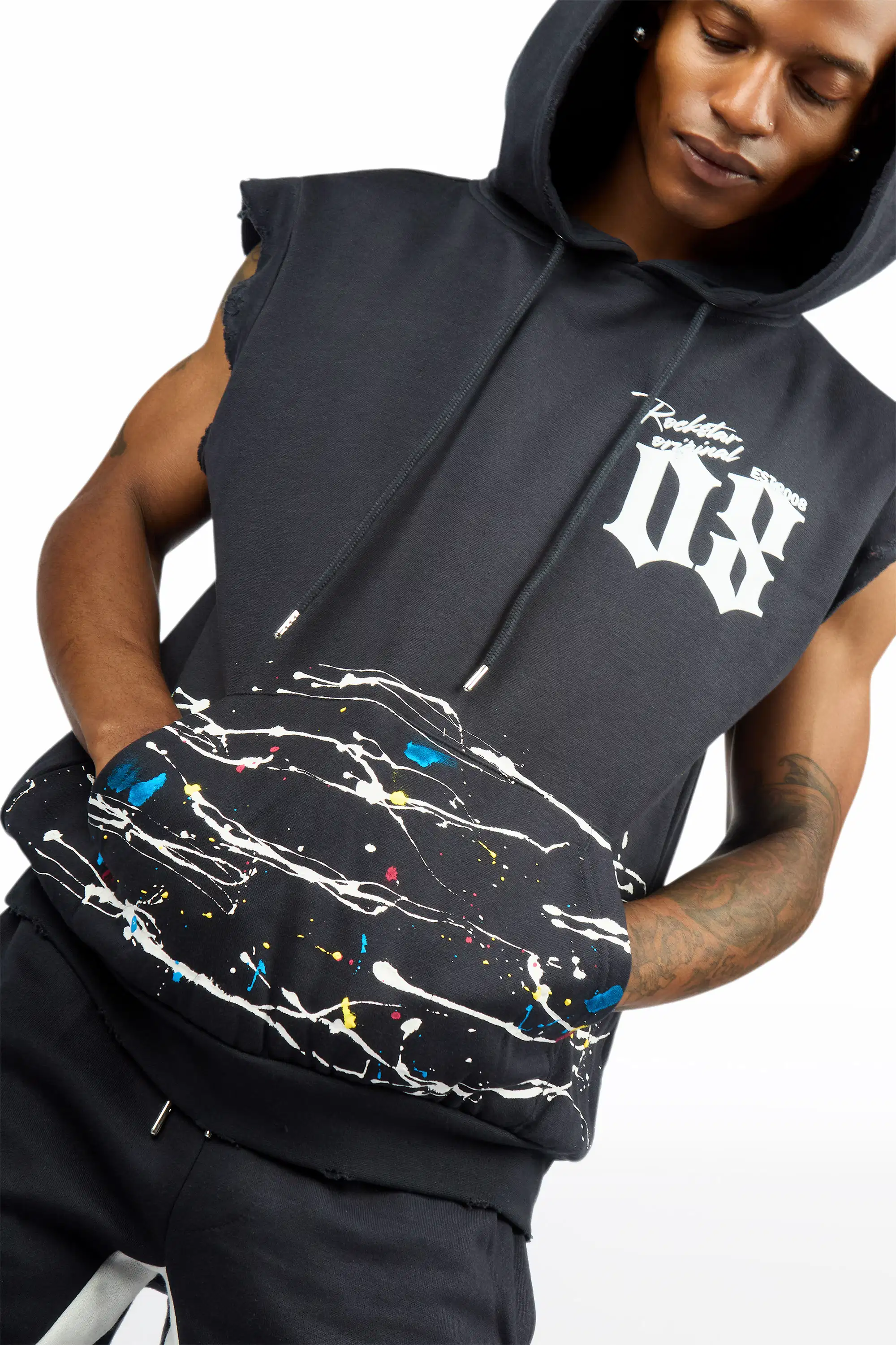 Horia Charcoal/Multi Cut Sleeve Hoodie/Stacked Pant Track Set - Image 3
