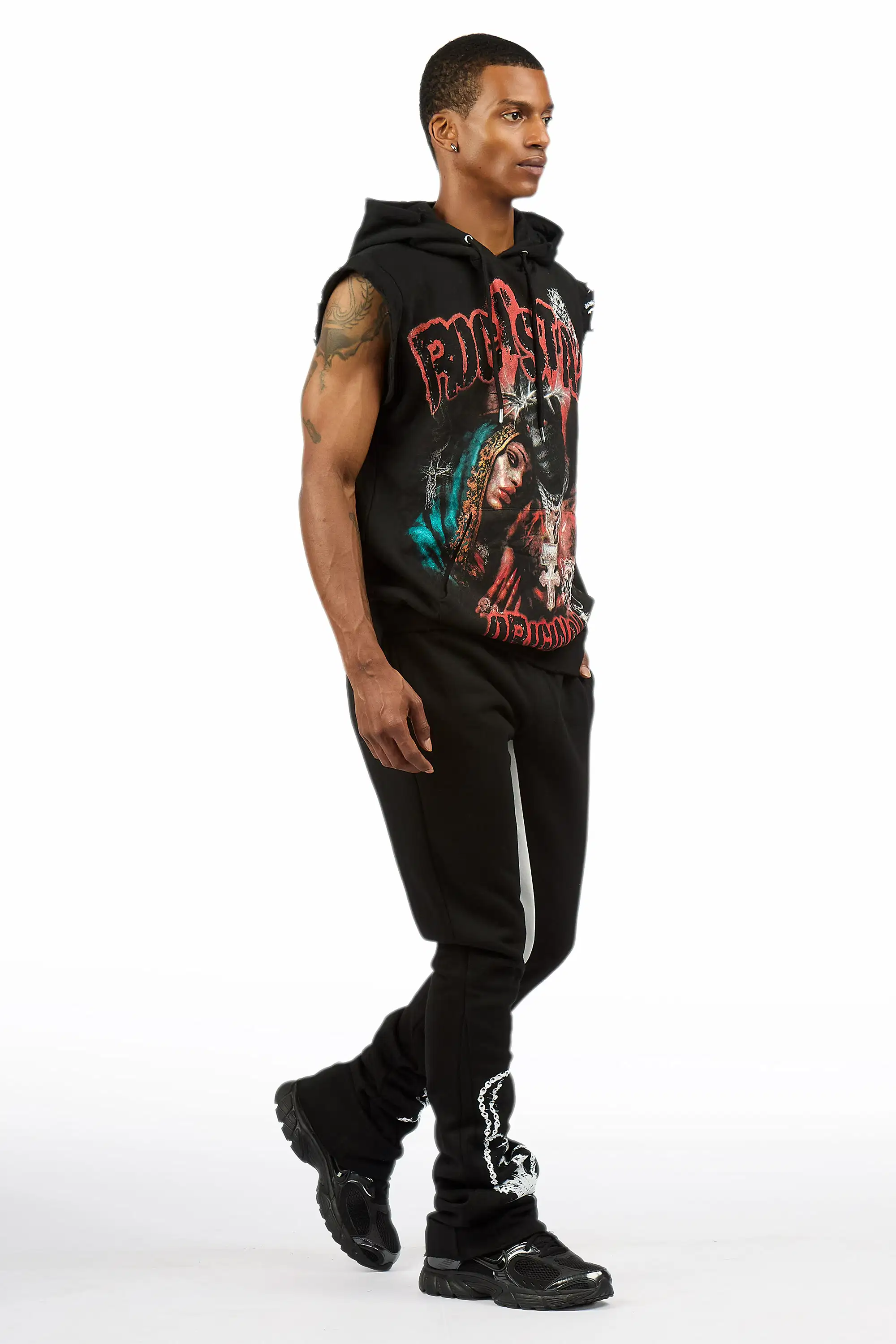 Vontae Black/Red Cut Sleeve Hoodie/Stacked Flare Track Set - Image 3