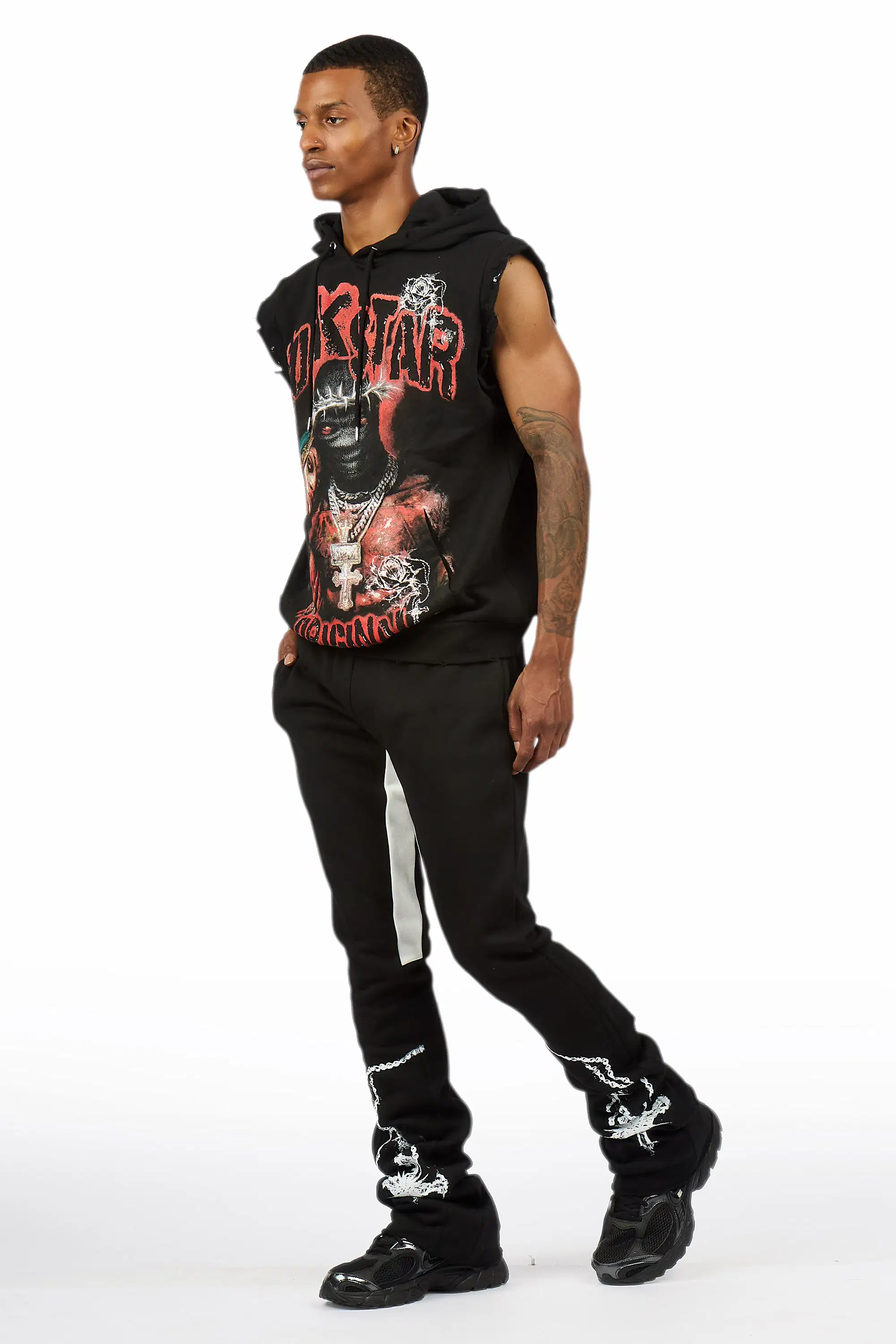 Vontae Black/Red Cut Sleeve Hoodie/Stacked Flare Track Set - Image 5
