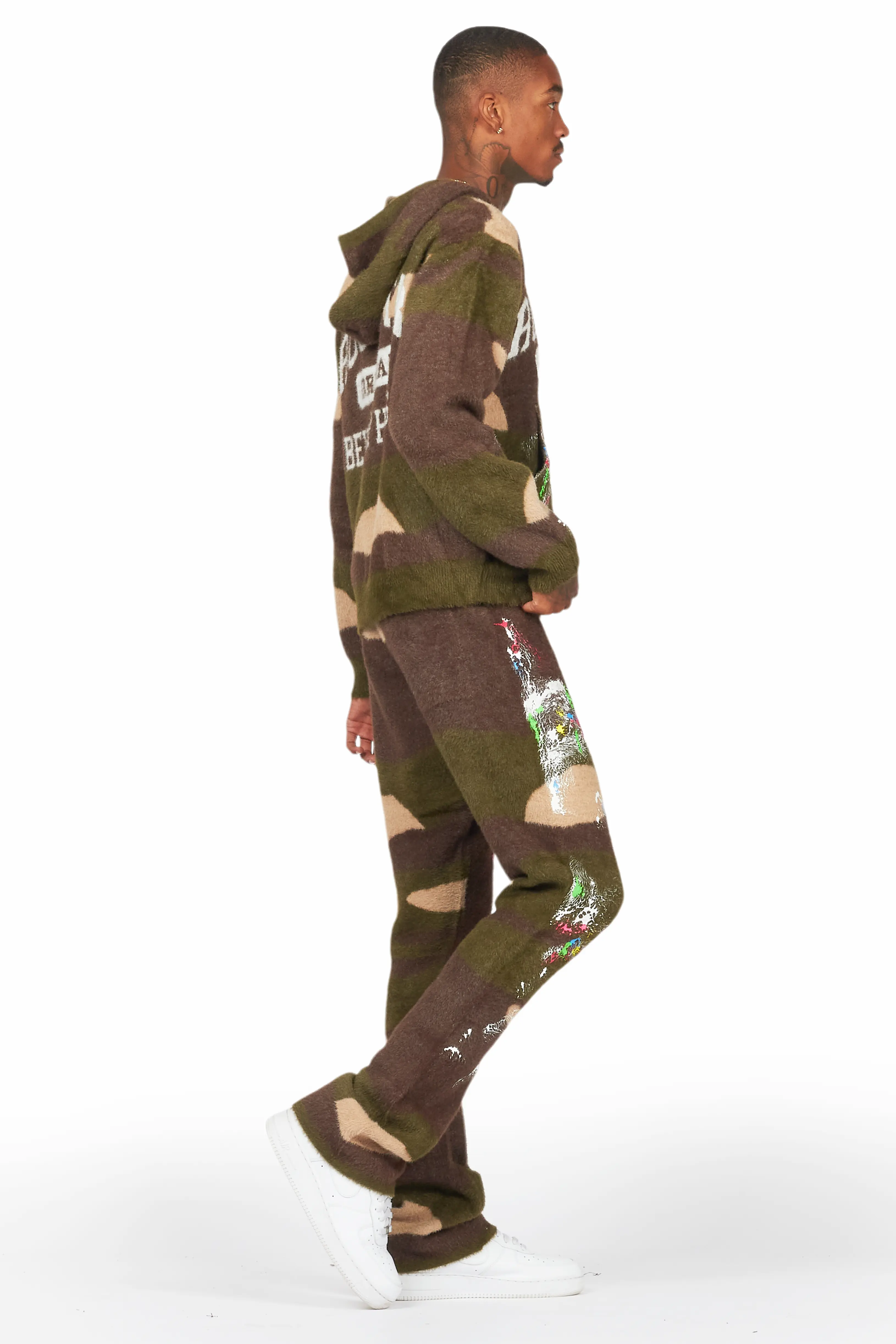 Rasul Green Camo Stacked Flare Knitted Mohair Track Set - Image 3