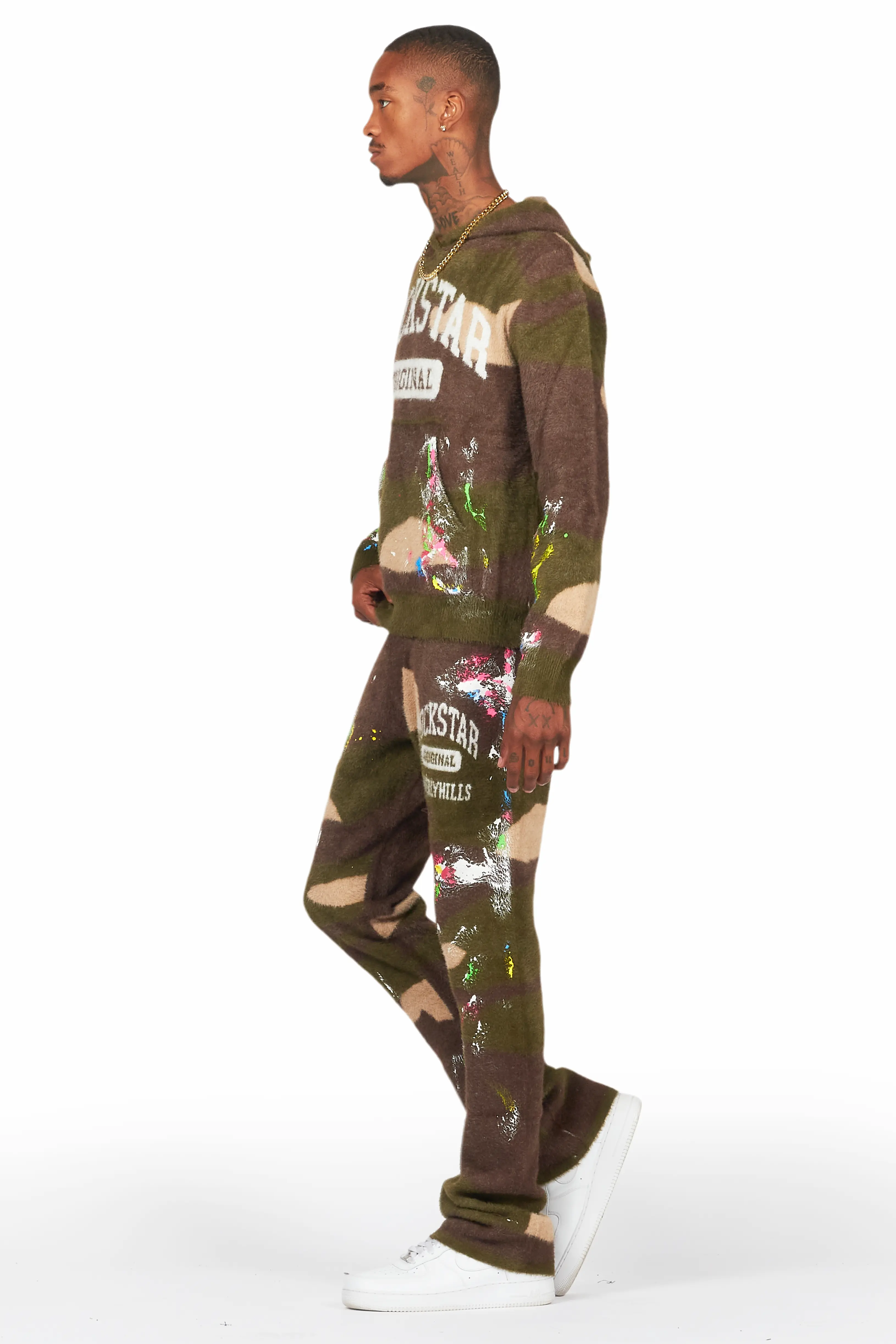Rasul Green Camo Stacked Flare Knitted Mohair Track Set - Image 5