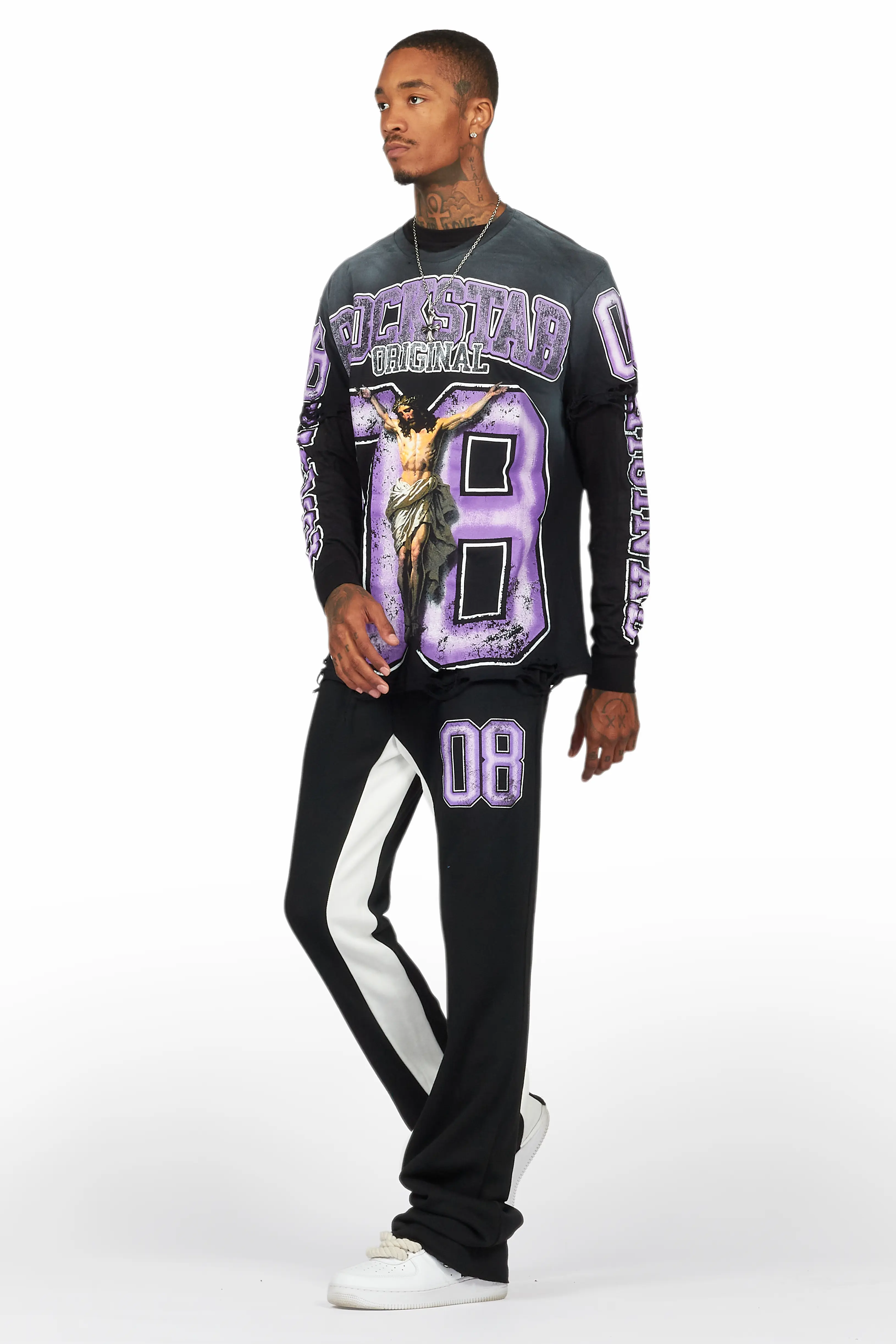 Fields Black/Purple Double Layer T-Shirt/Stacked Baggy Track Pant Set - Image 6