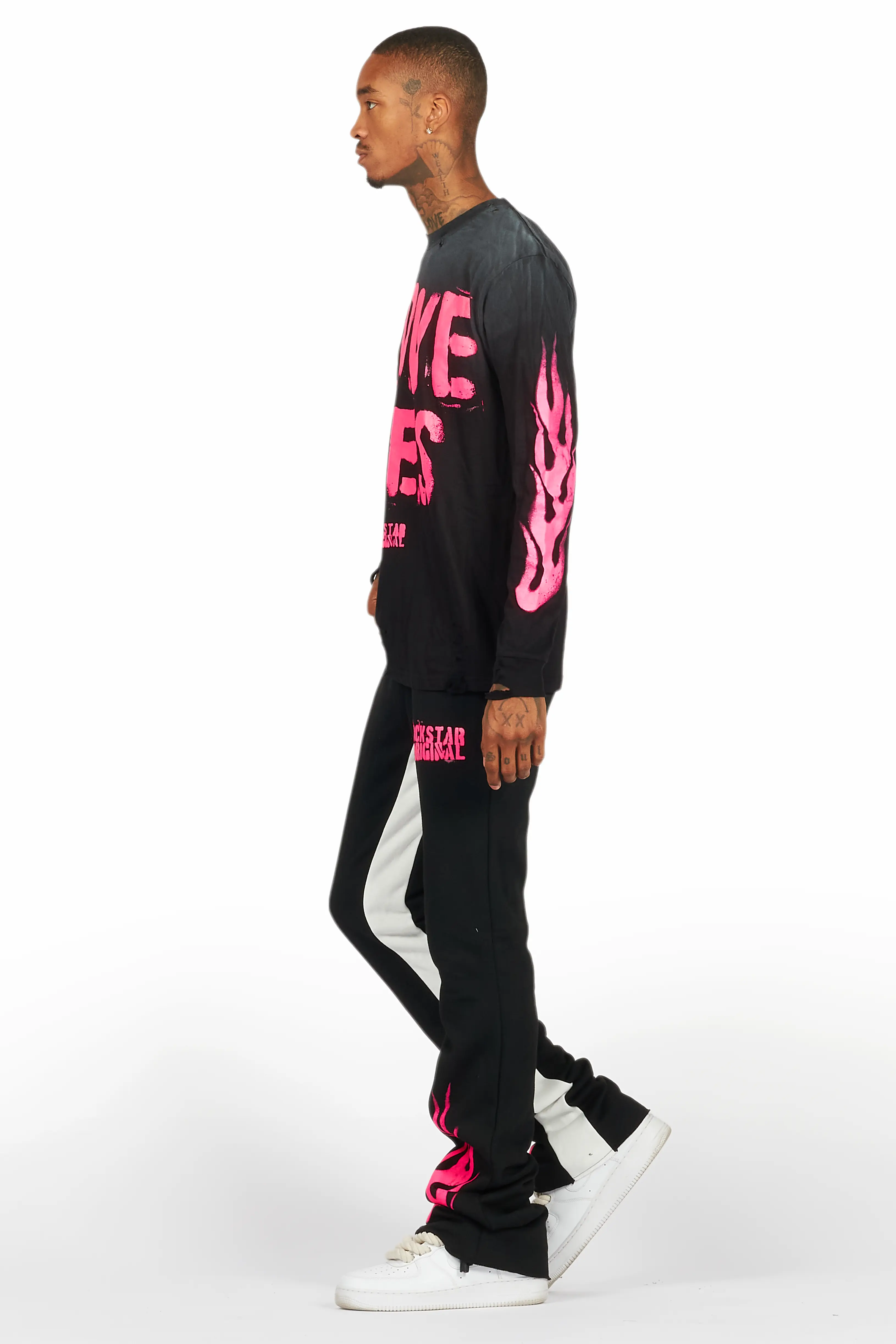 Banyan Black/Pink Long Sleeve T-Shirt/Stacked Baggy Track Pant Set - Image 5