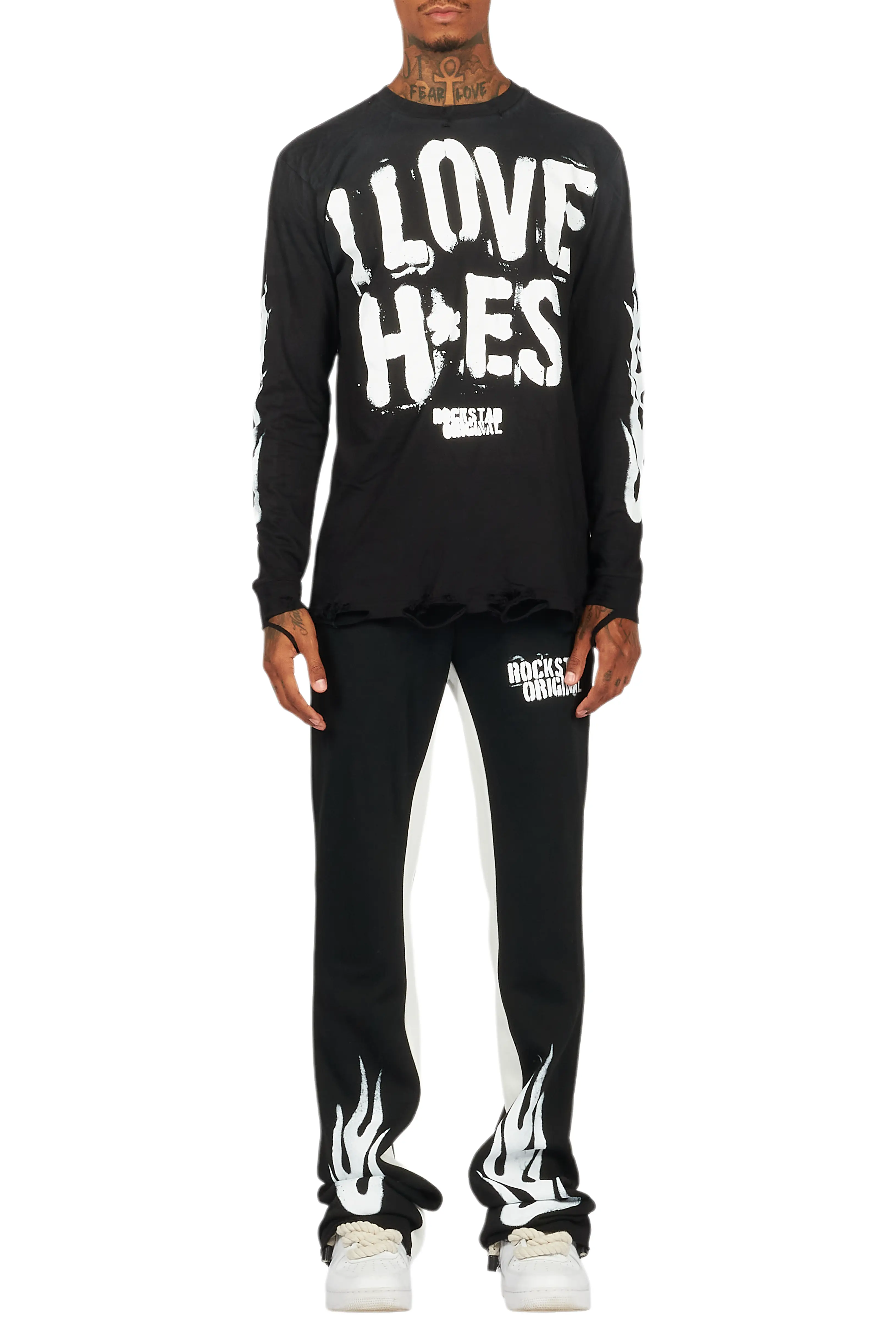 Banyan Black/White Long Sleeve T-Shirt/Stacked Baggy Track Pant Set - Image 10