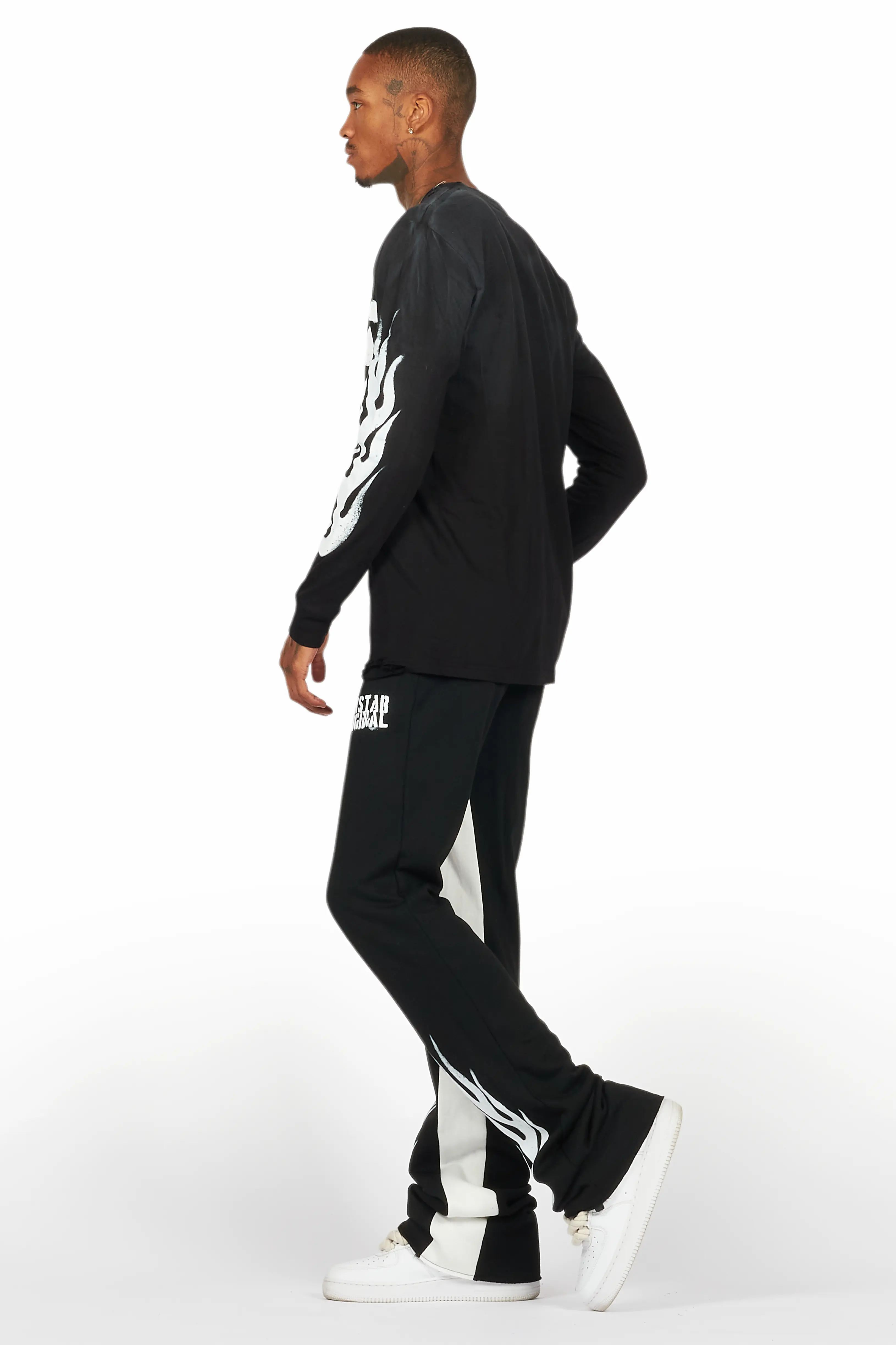 Banyan Black/White Long Sleeve T-Shirt/Stacked Baggy Track Pant Set - Image 5