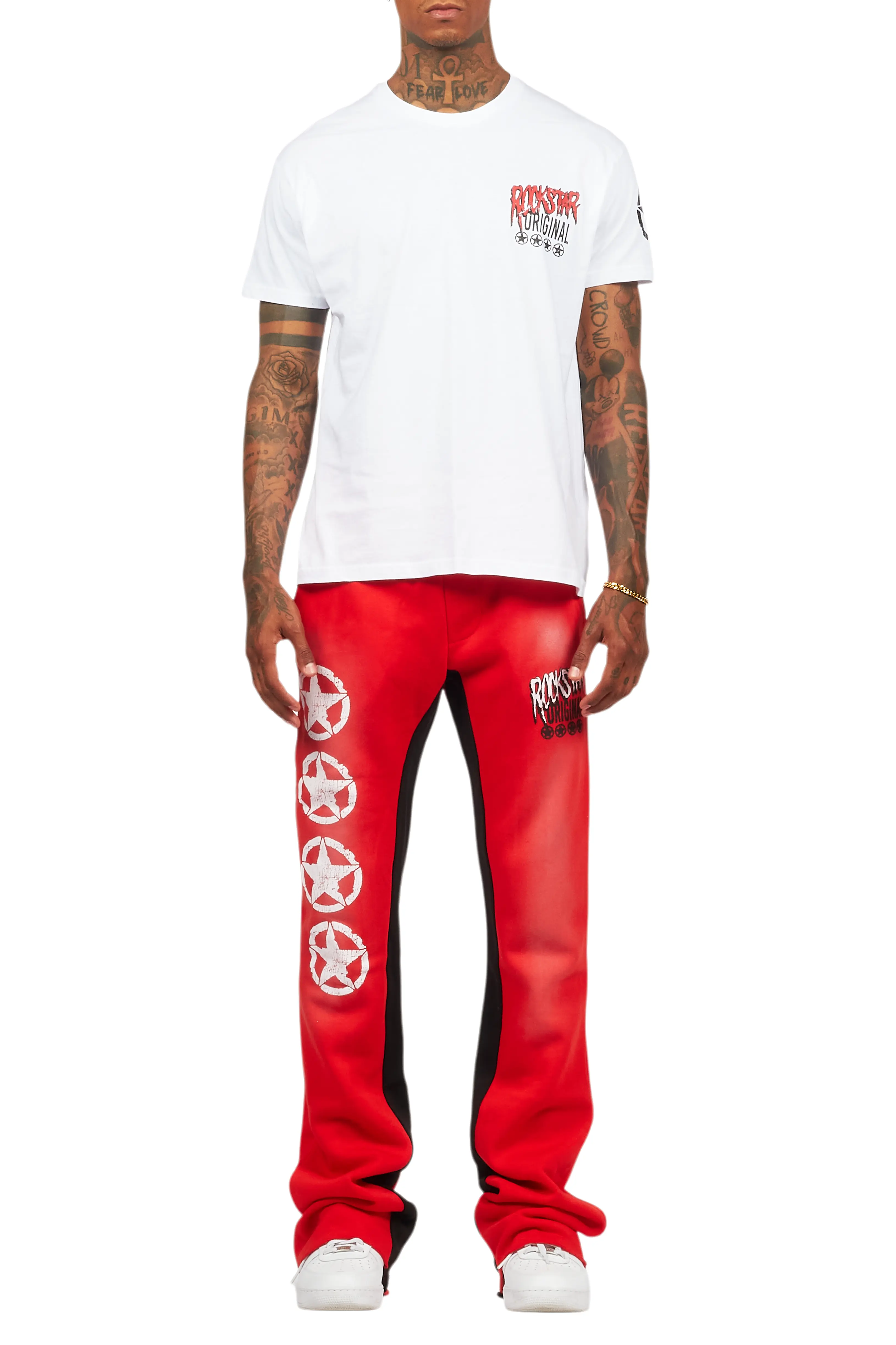 Wizzurd White/Red T-Shirt/Stacked Baggy Track Pant Set - Image 10