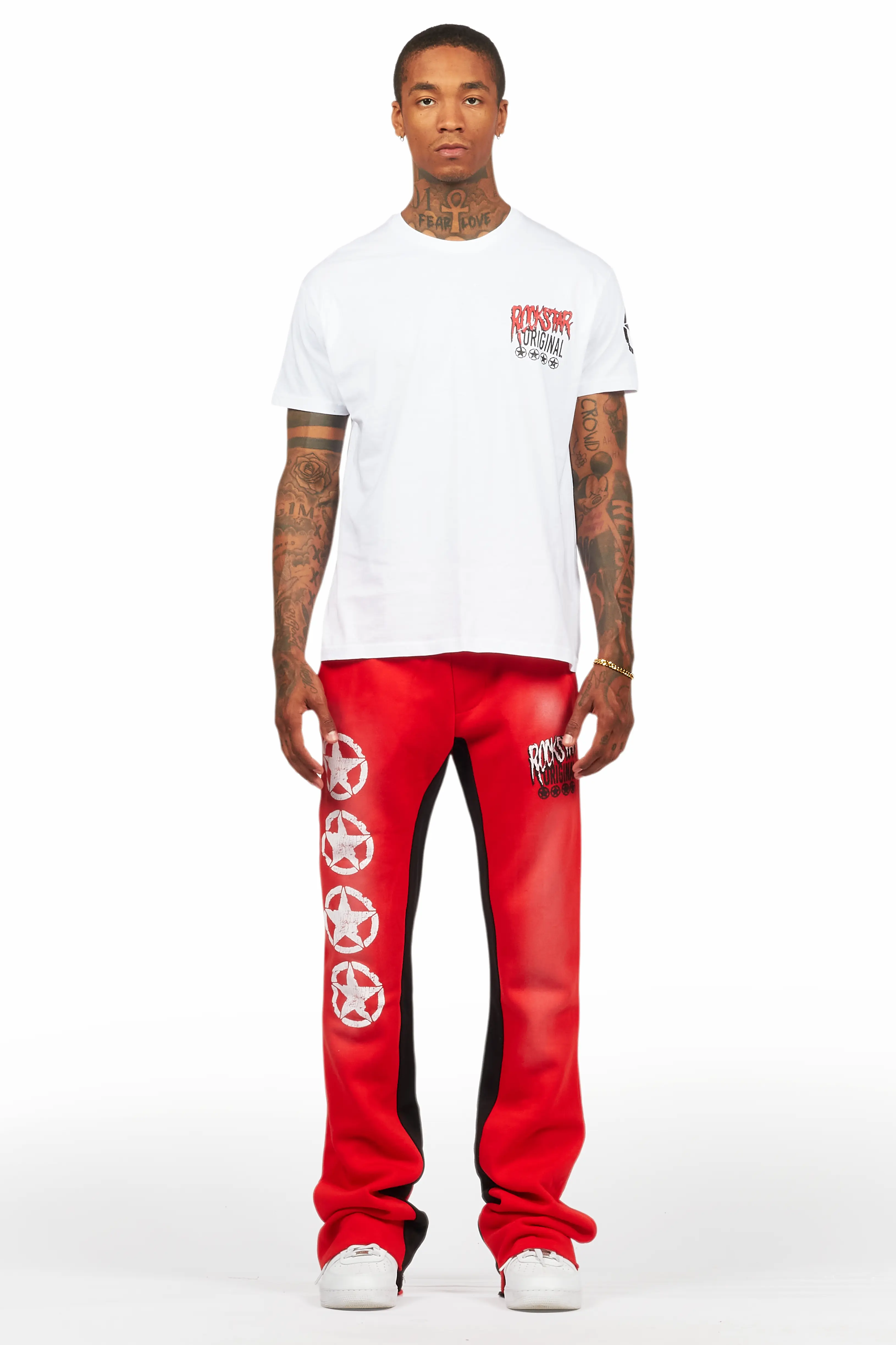 Wizzurd White/Red T-Shirt/Stacked Baggy Track Pant Set - Image 2
