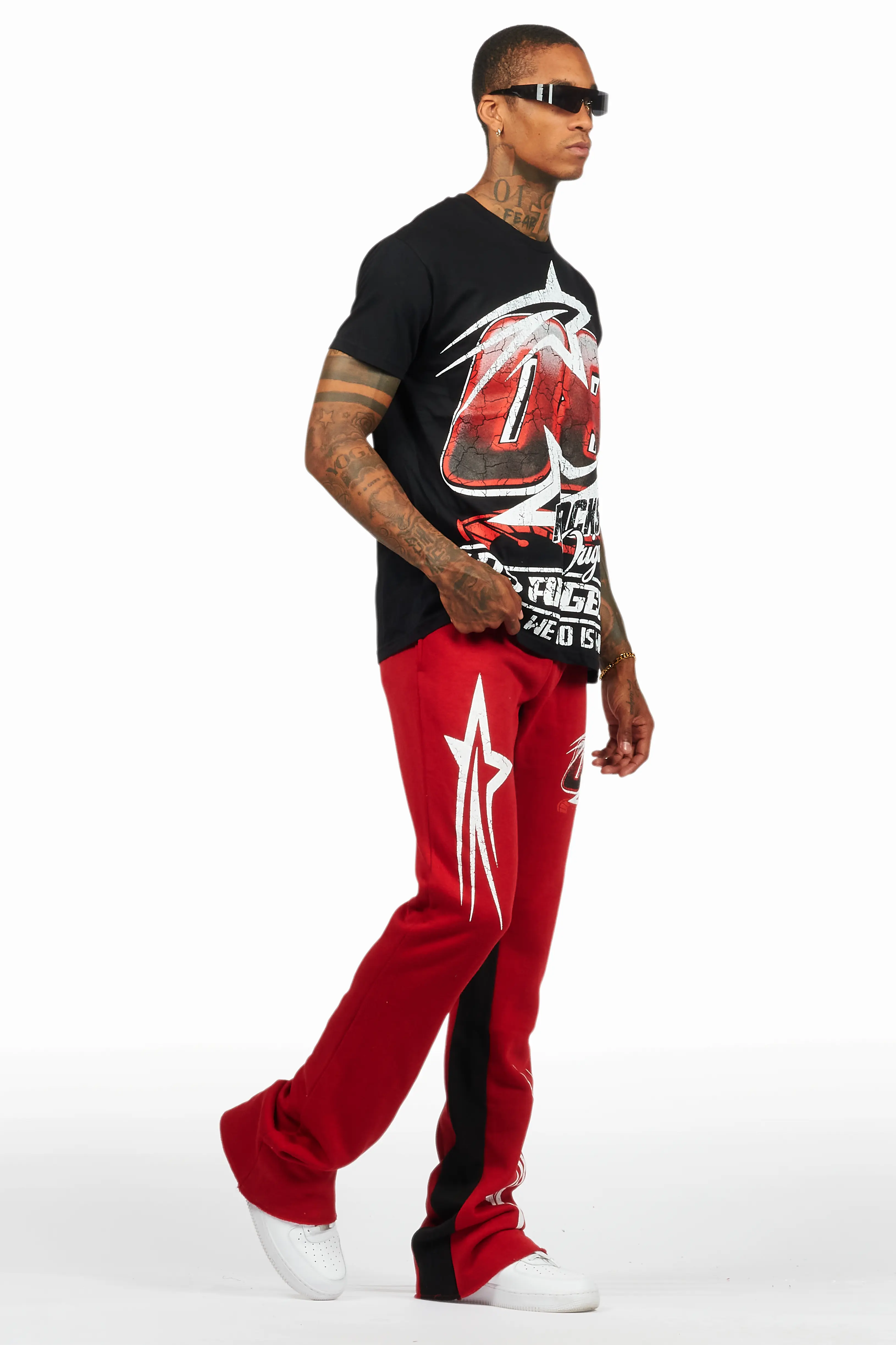 Kastell Black/Burgundy T-Shirt/Stacked Baggy Track Pant Set - Image 6